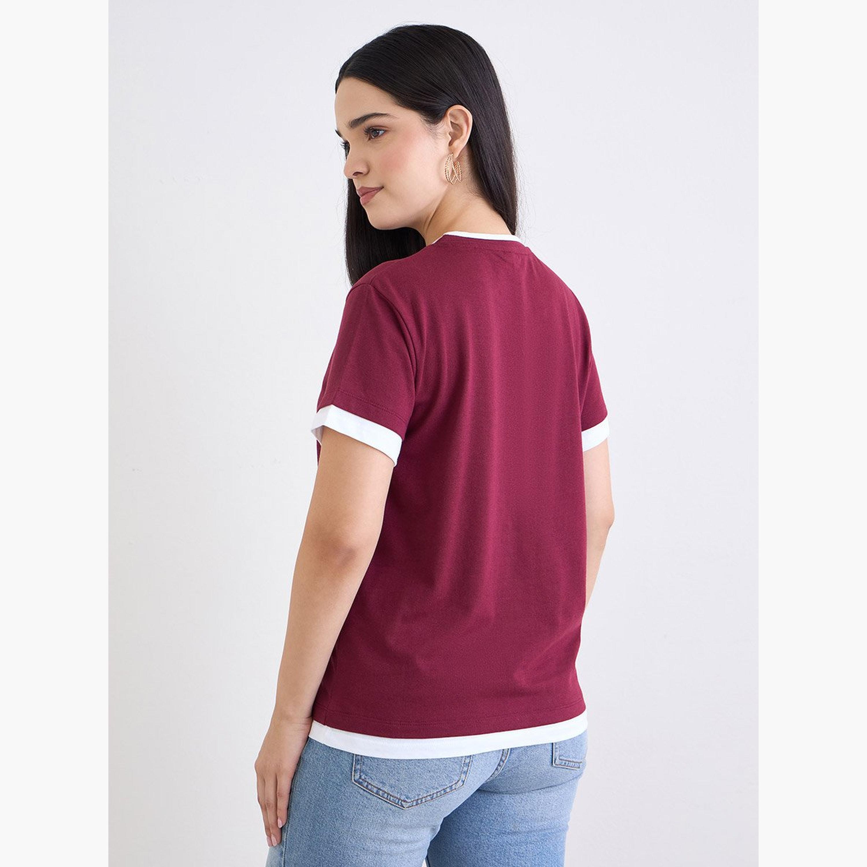 Styli Burgundy Regular Fit Cotton Ringer T-Shirt-women-clothing-tshirts-image-4