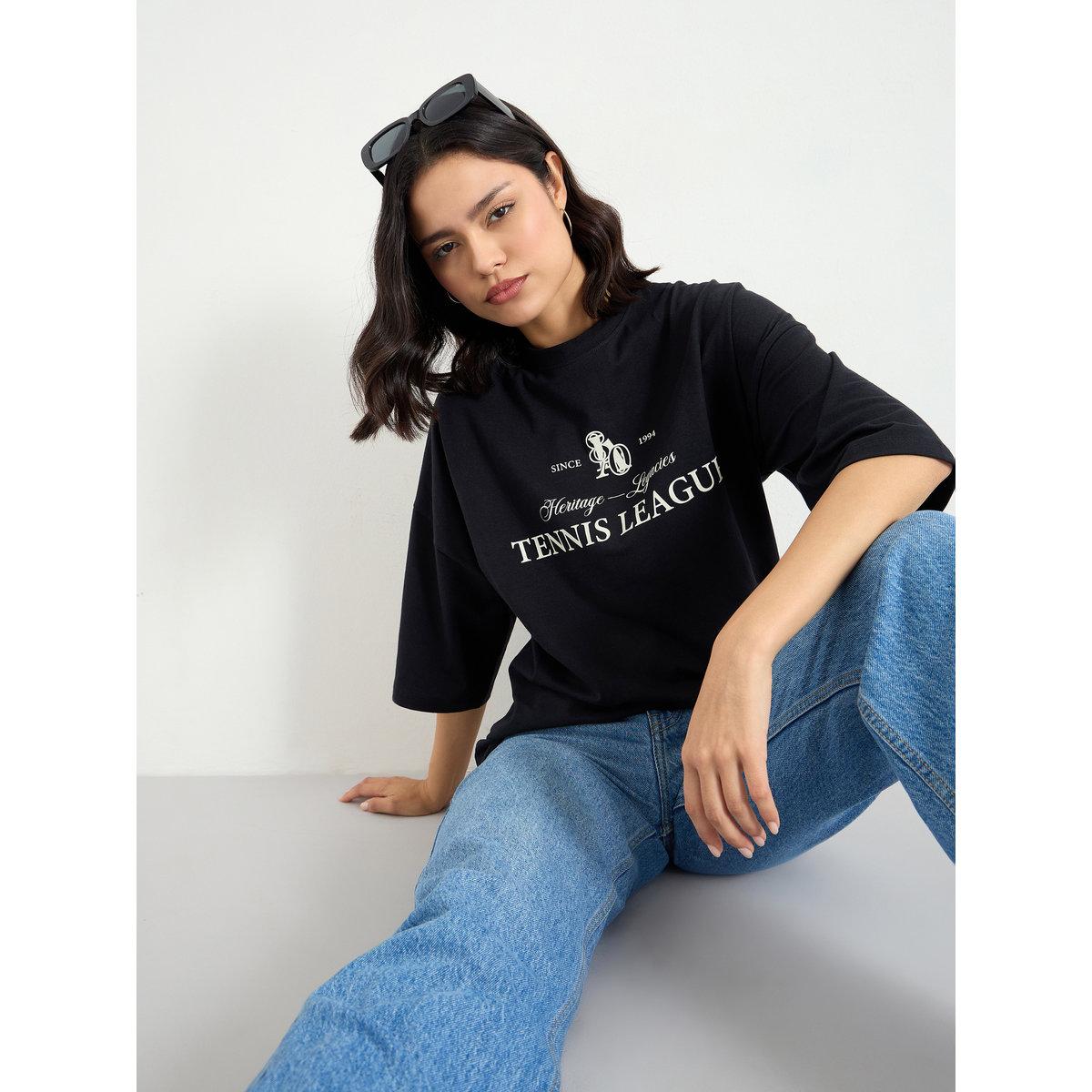 Styli Black Oversized T-Shirt with Dropped Shoulder-women-clothing-tshirts-image-1