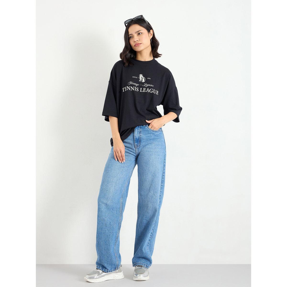 Styli Black Oversized T-Shirt with Dropped Shoulder-women-clothing-tshirts-image-2