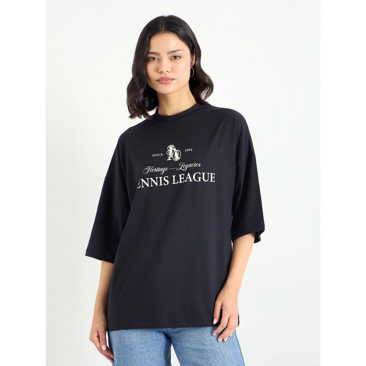 Styli Black Oversized T-Shirt with Dropped Shoulder-women-clothing-tshirts-image-3