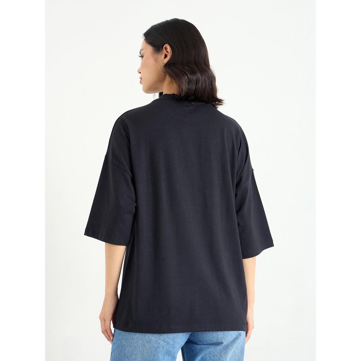 Styli Black Oversized T-Shirt with Dropped Shoulder-women-clothing-tshirts-image-5