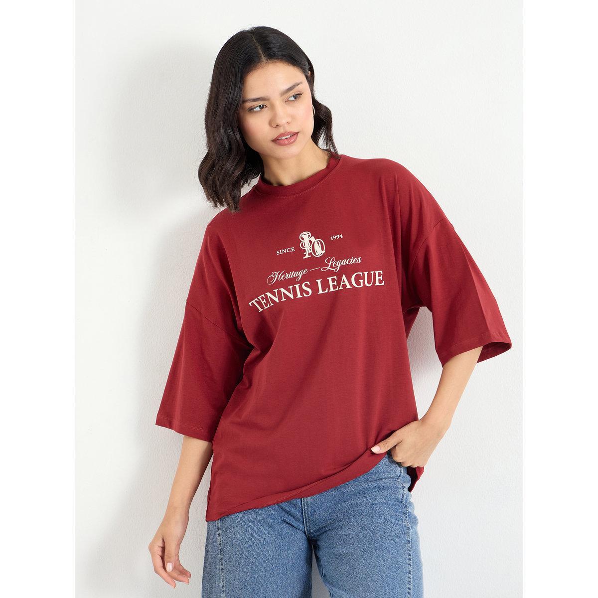 Styli Red Oversized T-Shirt with Dropped Shoulder-women-clothing-tshirts-image-3