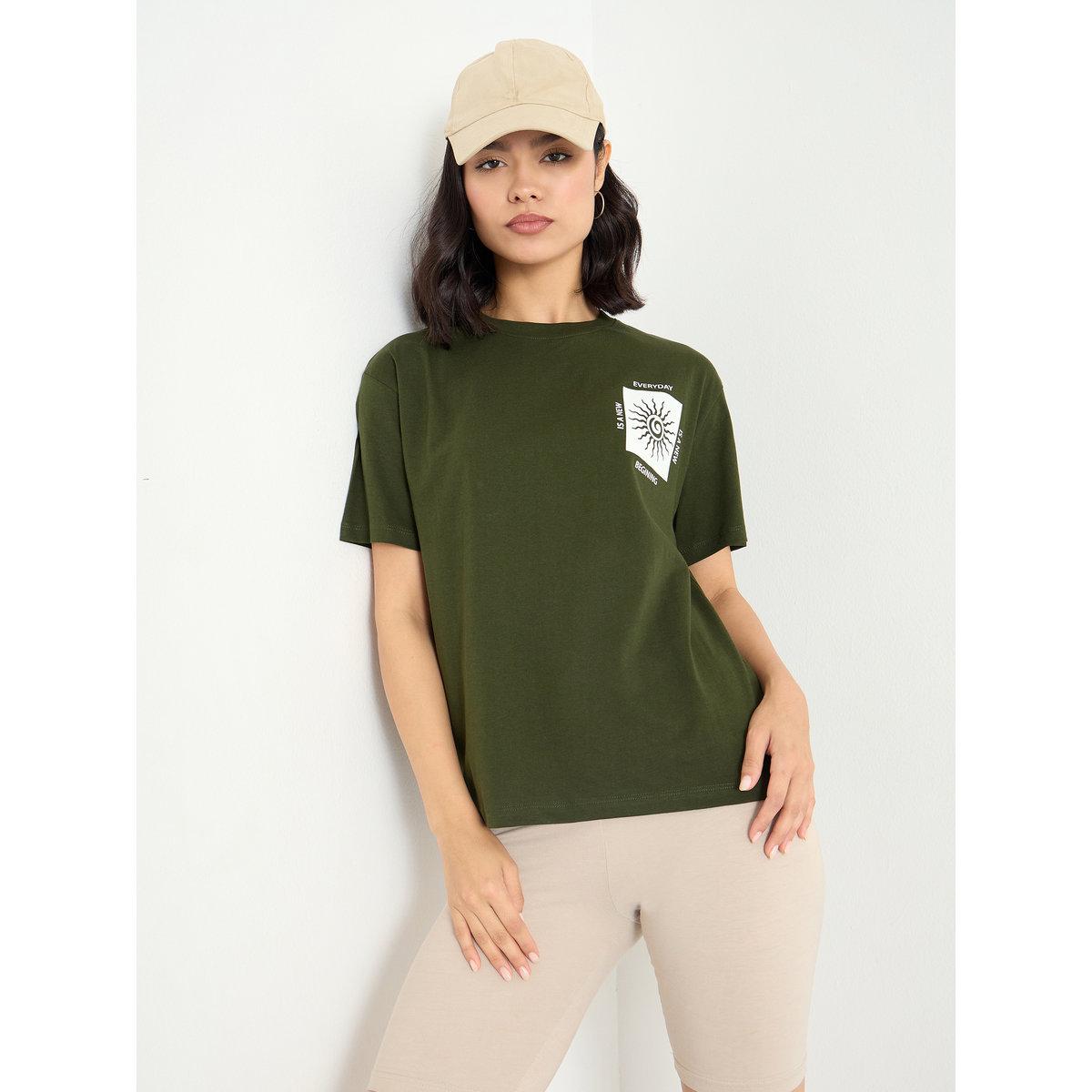 Styli Women Dark Green Graphic Print T-Shirt-women-clothing-tshirts-image-1