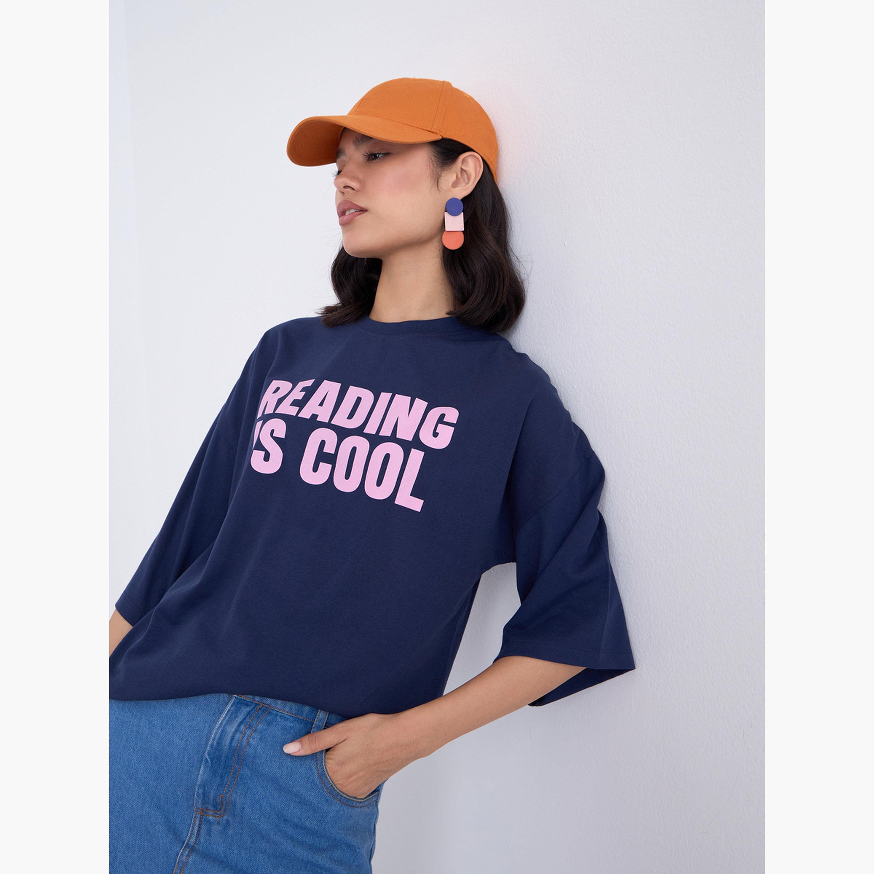 Styli Navy Blue Slogan Print Oversized T-Shirt-women-clothing-tshirts-image-3