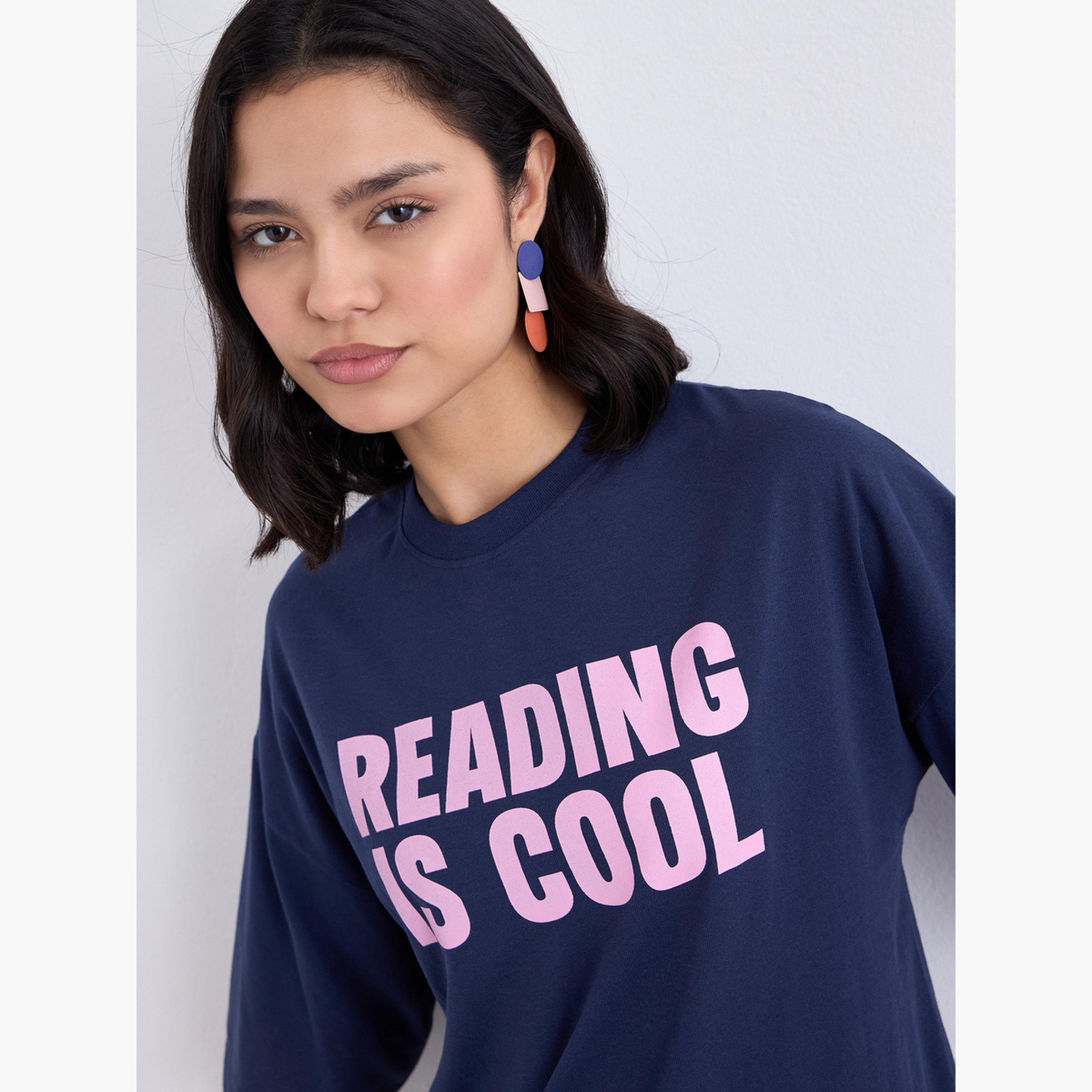 Styli Navy Blue Slogan Print Oversized T-Shirt-women-clothing-tshirts-image-4