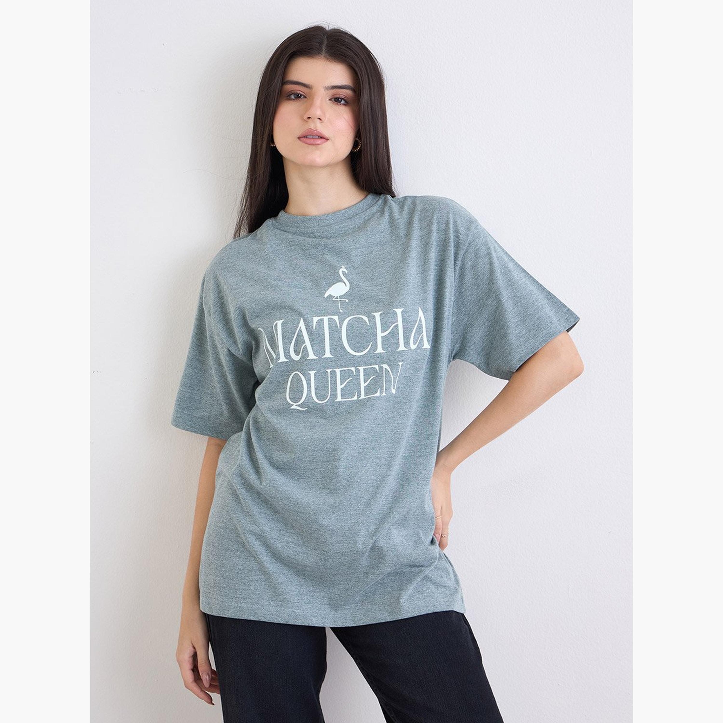 Styli Green Oversized Melange Graphic T-Shirt-women-clothing-tshirts-image-1