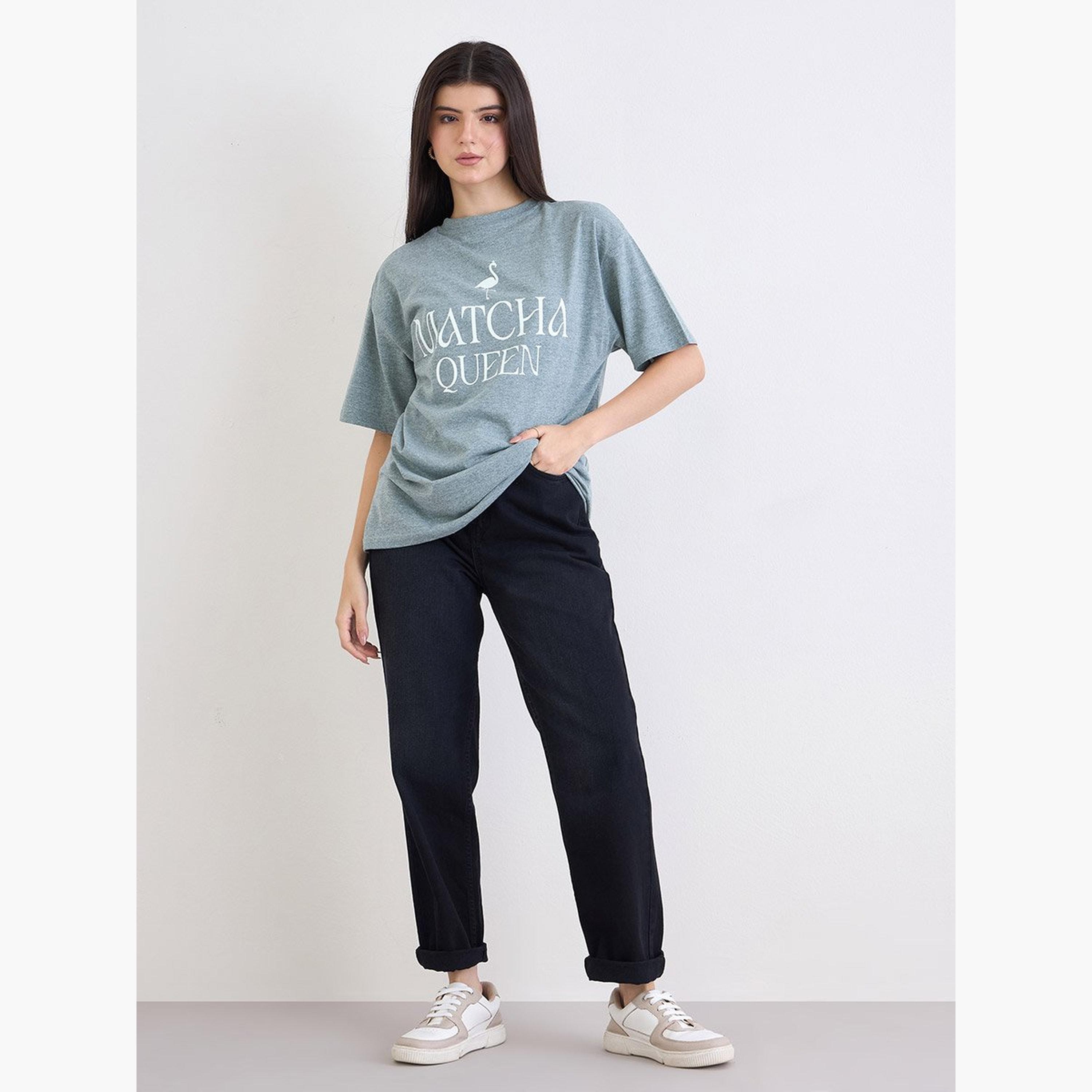 Styli Green Oversized Melange Graphic T-Shirt-women-clothing-tshirts-image-2