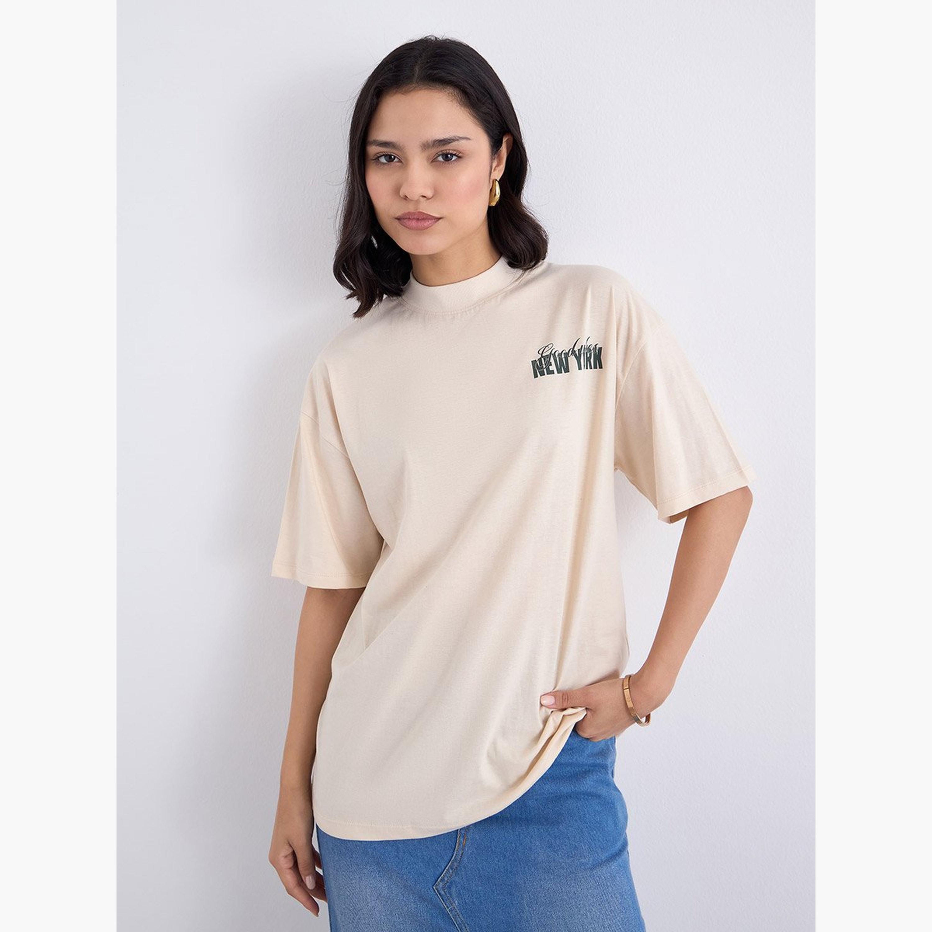 Styli Beige Graphic Print Oversized T-Shirt-women-clothing-tshirts-image-1