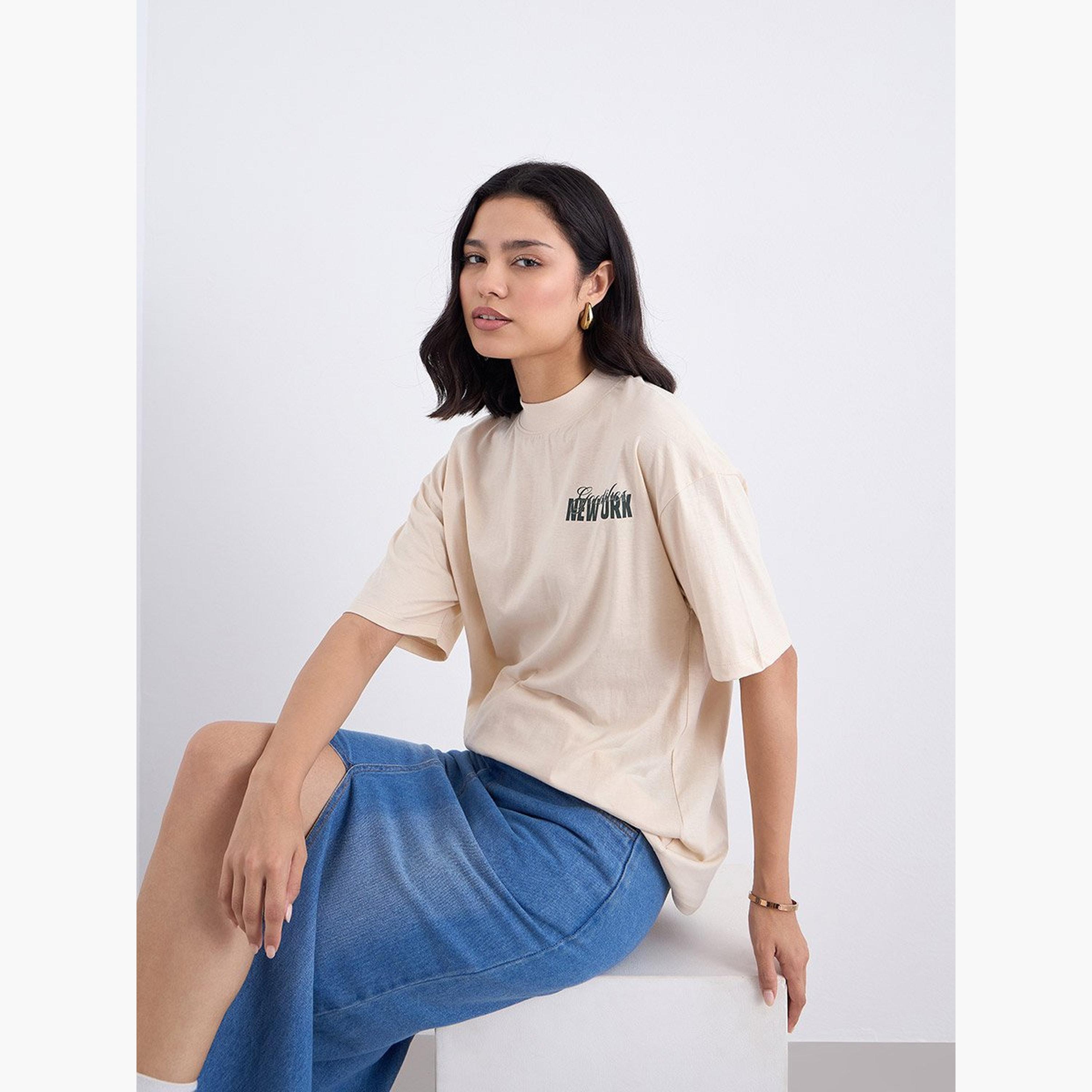 Styli Beige Graphic Print Oversized T-Shirt-women-clothing-tshirts-image-3