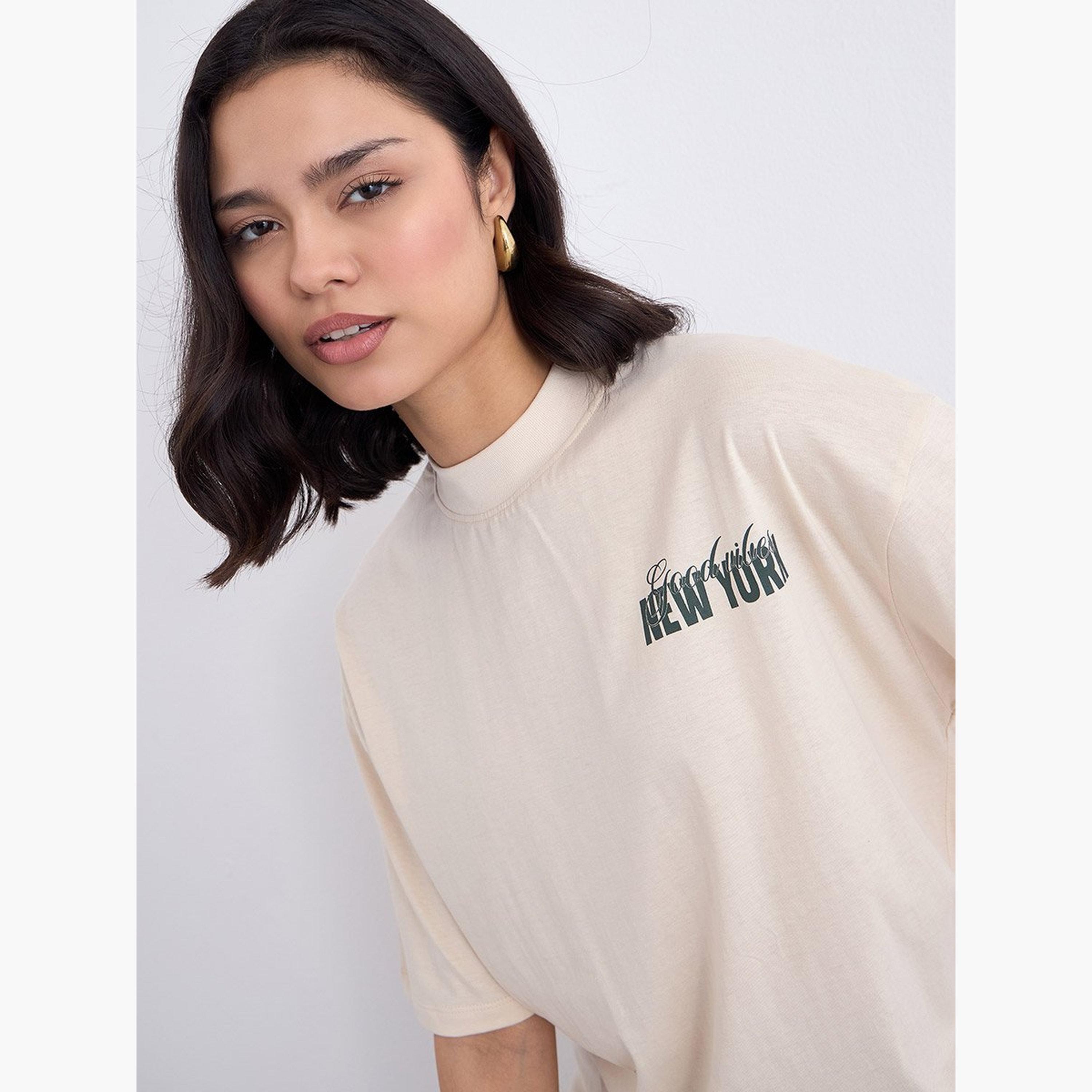 Styli Beige Graphic Print Oversized T-Shirt-women-clothing-tshirts-image-4