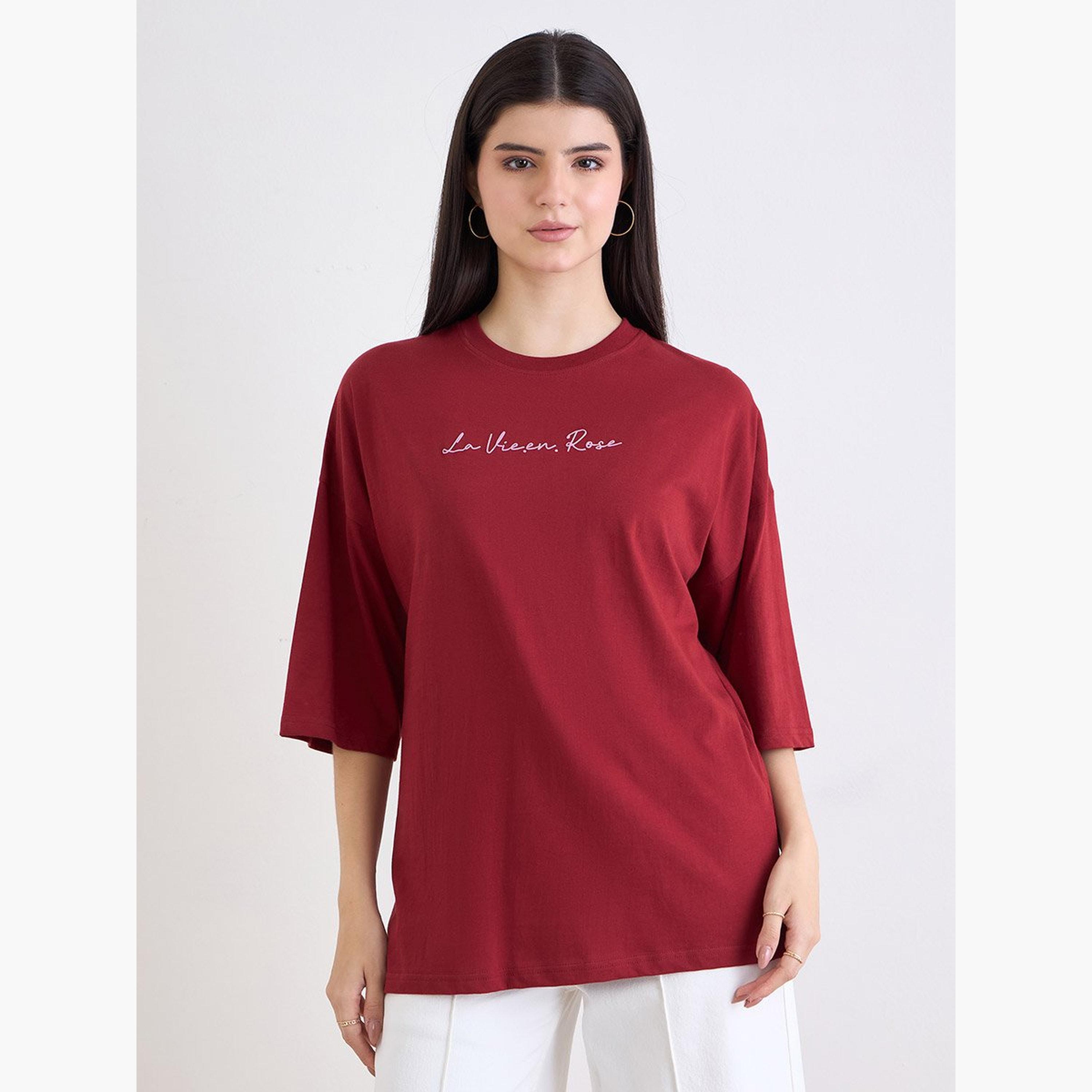 Styli Red La Vie En Rose Graphic Oversized T-Shirt-women-clothing-tshirts-image-1