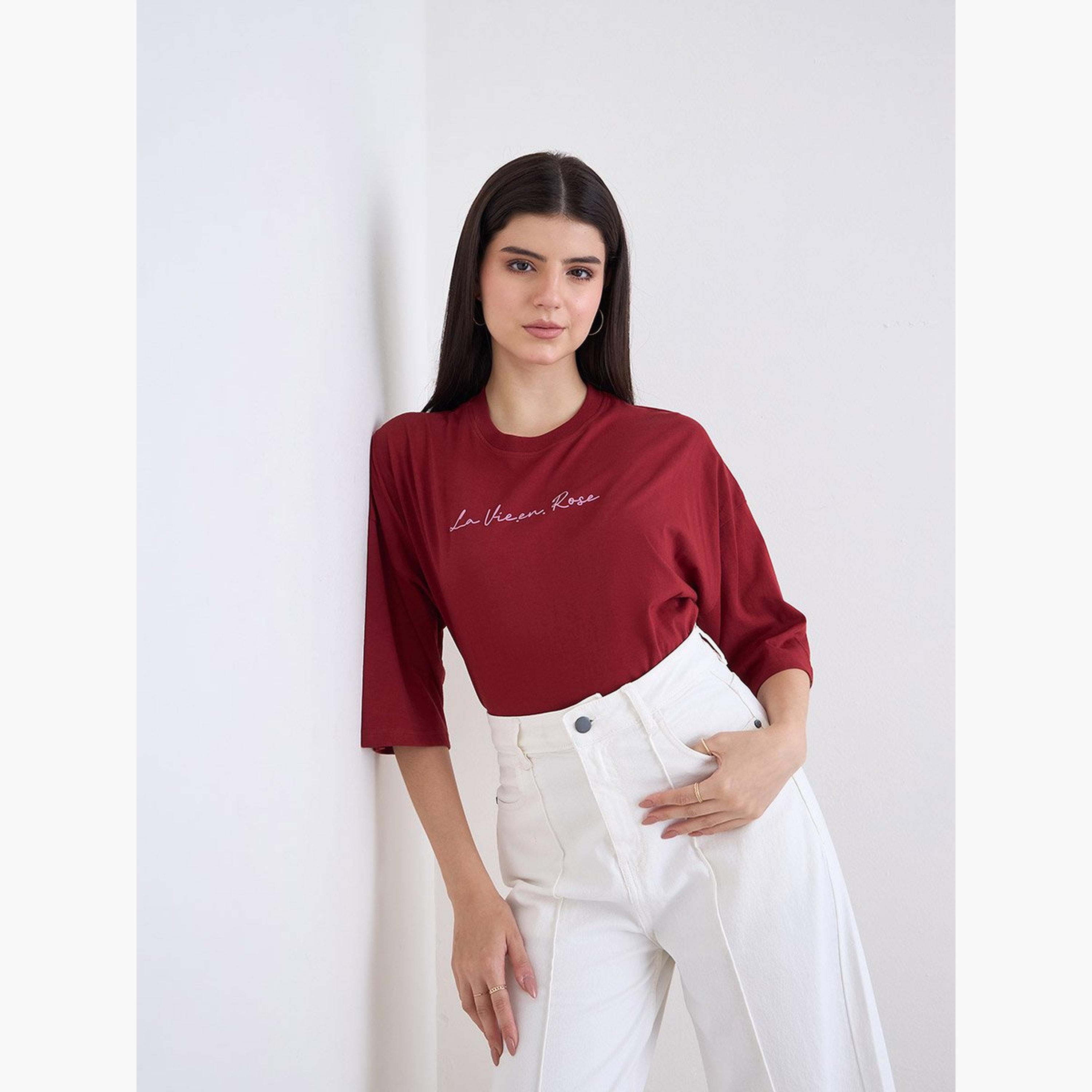 Styli Red La Vie En Rose Graphic Oversized T-Shirt-women-clothing-tshirts-image-2
