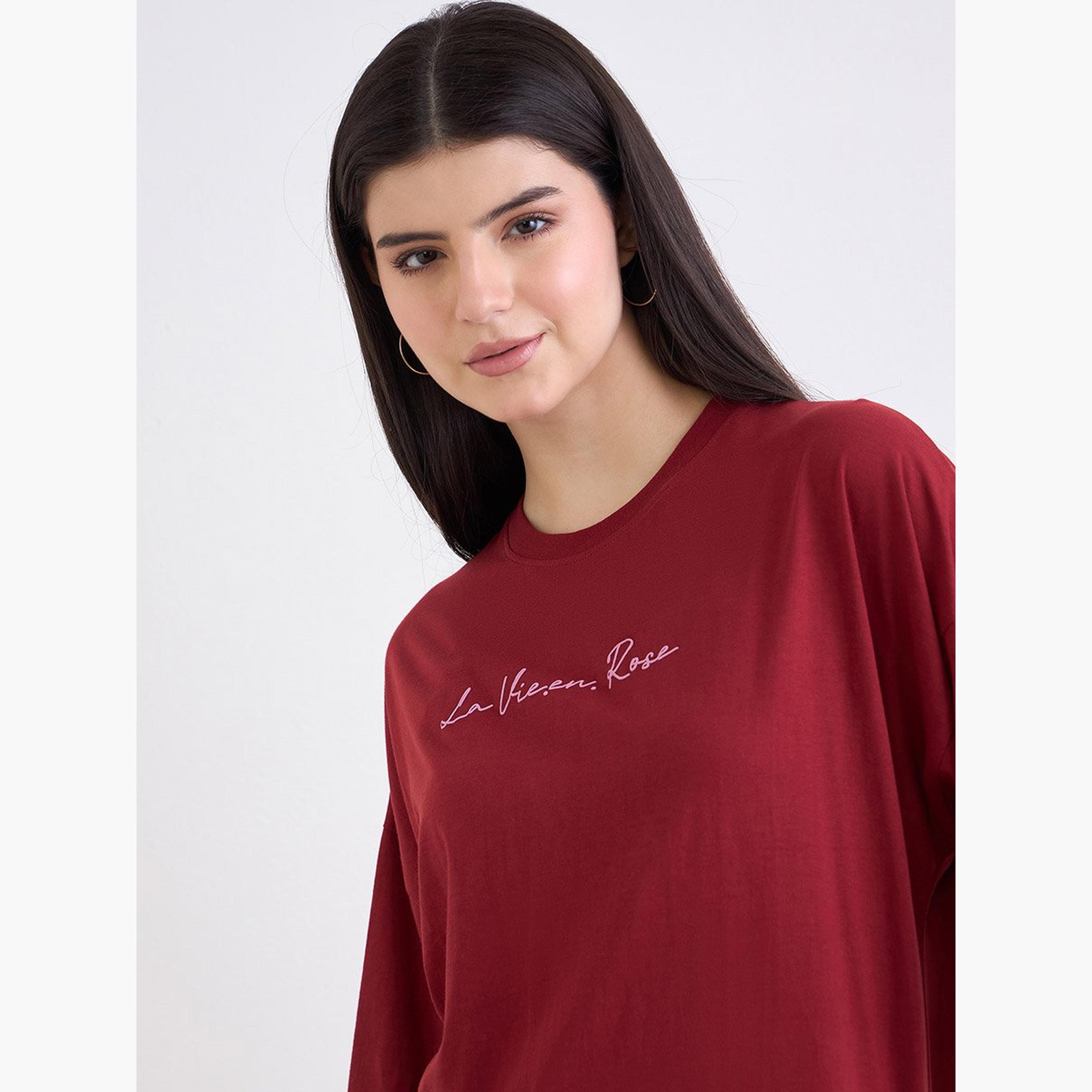 Styli Red La Vie En Rose Graphic Oversized T-Shirt-women-clothing-tshirts-image-3