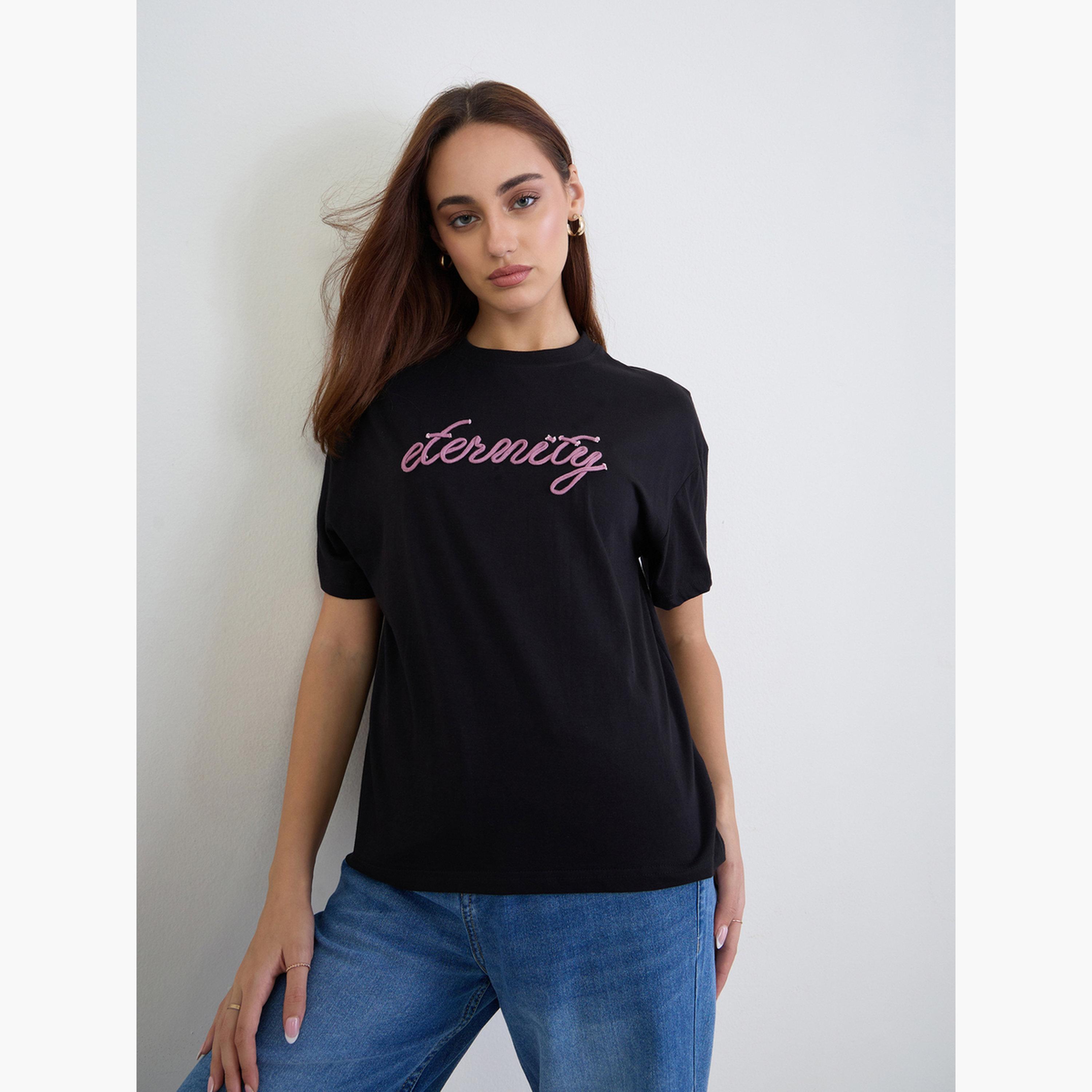 Styli Women Black Infinity Rope Embroidered Short Sleeve T-Shirt-women-clothing-tshirts-image-1