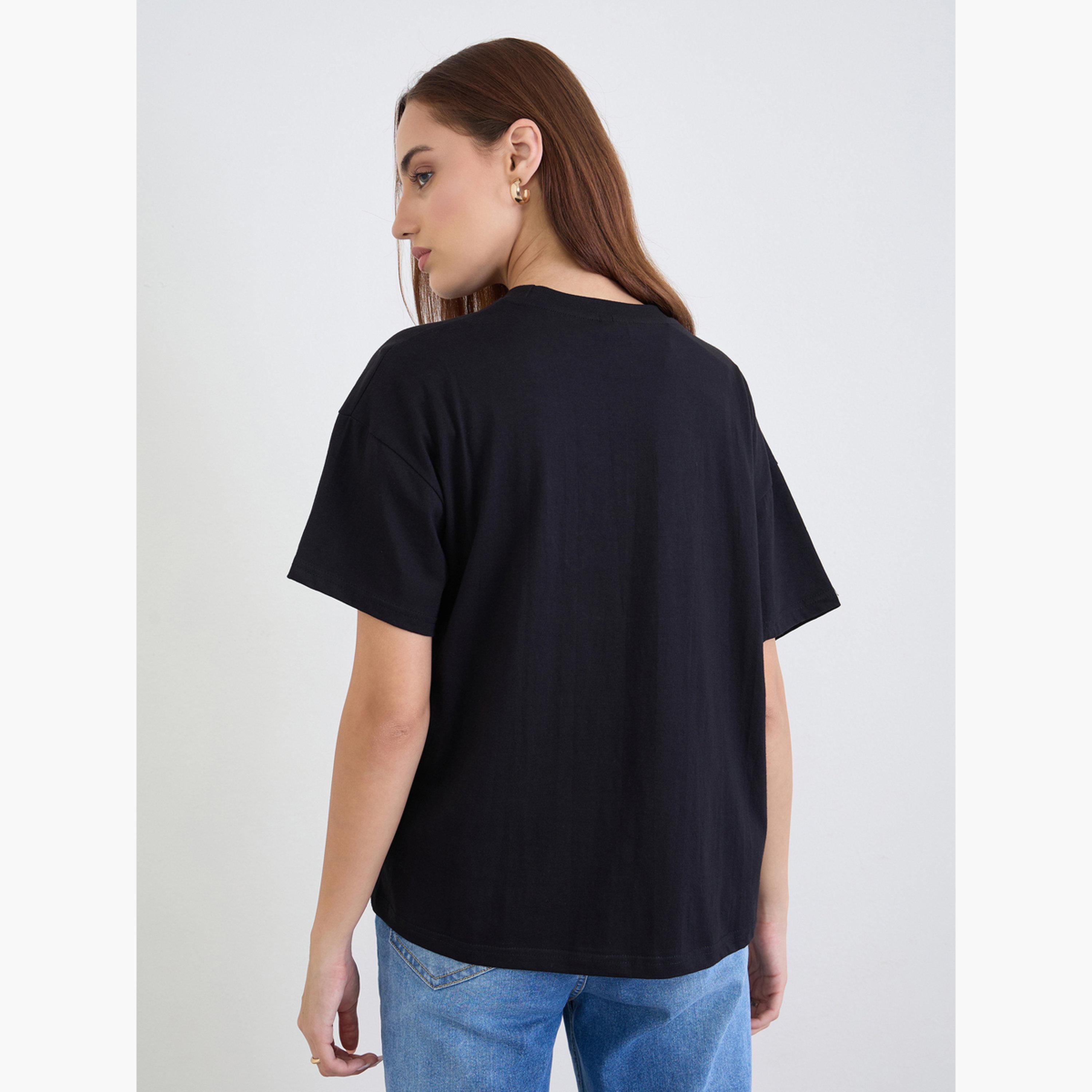 Styli Women Black Infinity Rope Embroidered Short Sleeve T-Shirt-women-clothing-tshirts-image-5