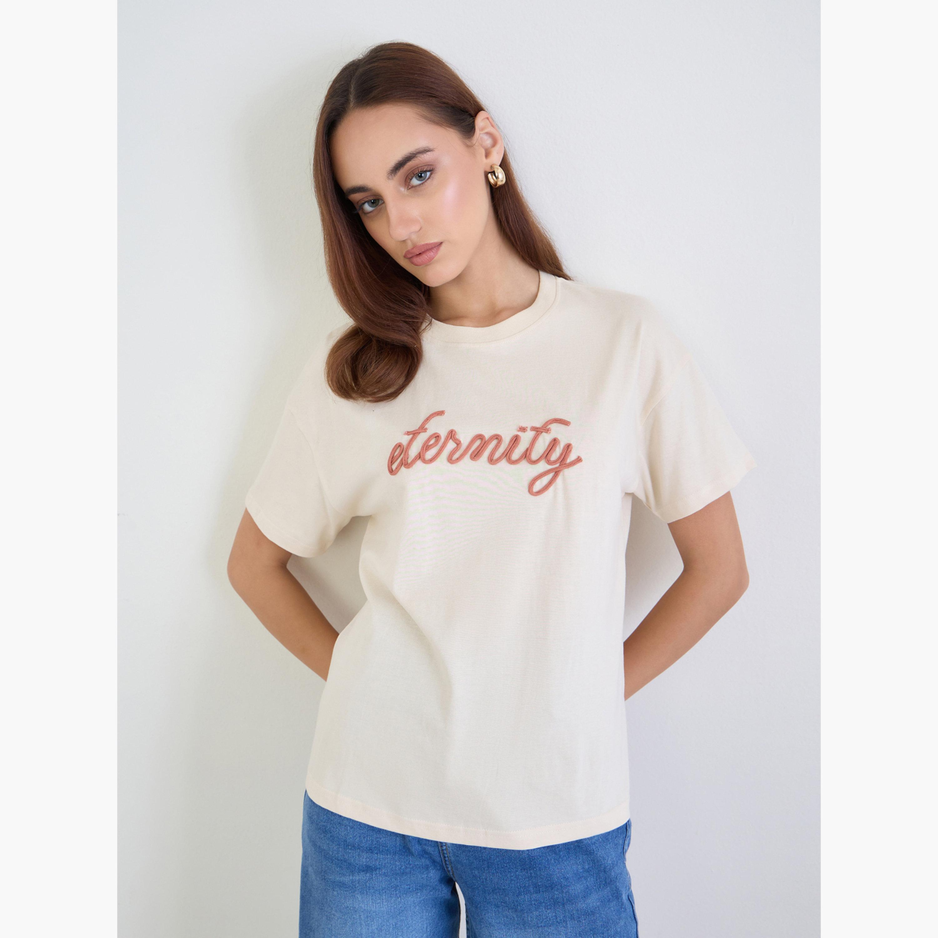 Styli Women Beige Infinity Rope Embroidered Short Sleeve T-Shirt-women-clothing-tshirts-image-1