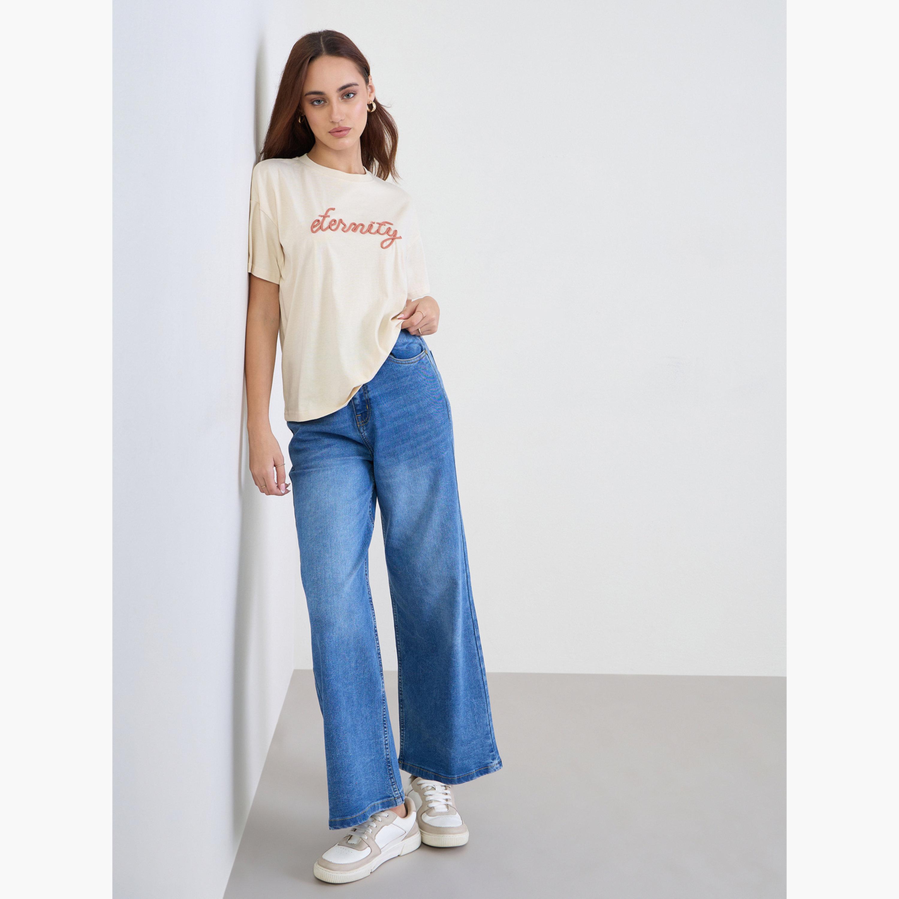 Styli Women Beige Infinity Rope Embroidered Short Sleeve T-Shirt-women-clothing-tshirts-image-2