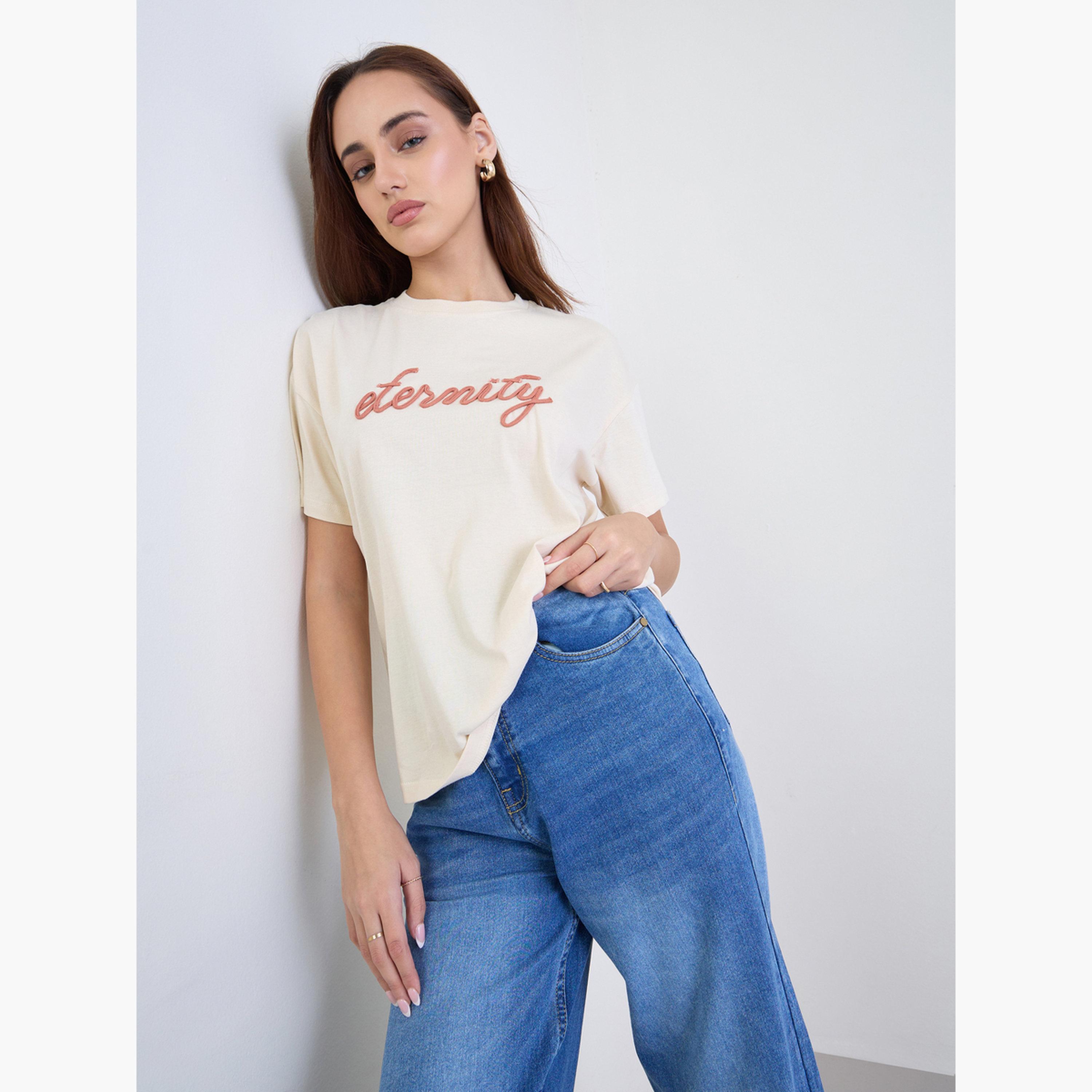 Styli Women Beige Infinity Rope Embroidered Short Sleeve T-Shirt-women-clothing-tshirts-image-3