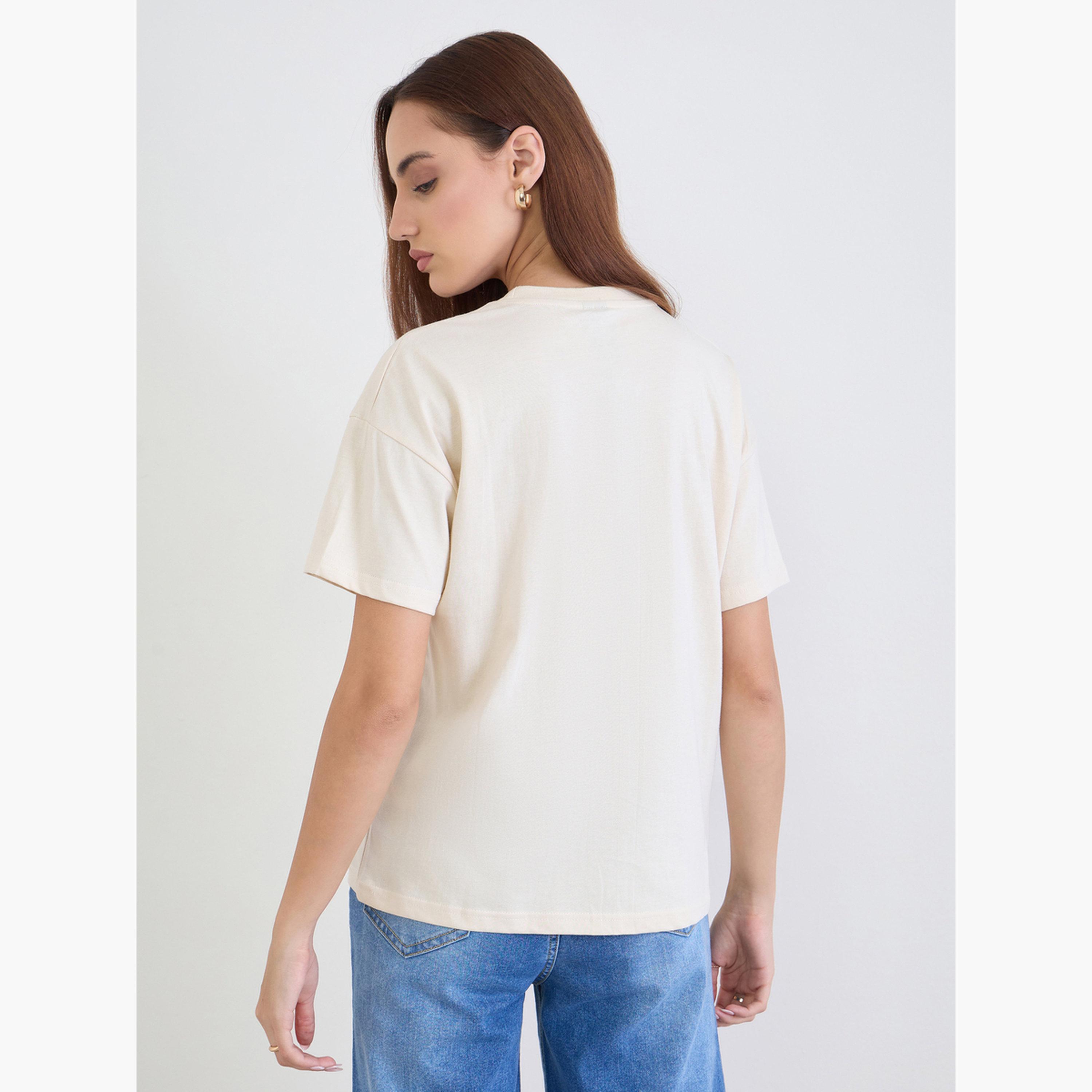 Styli Women Beige Infinity Rope Embroidered Short Sleeve T-Shirt-women-clothing-tshirts-image-5
