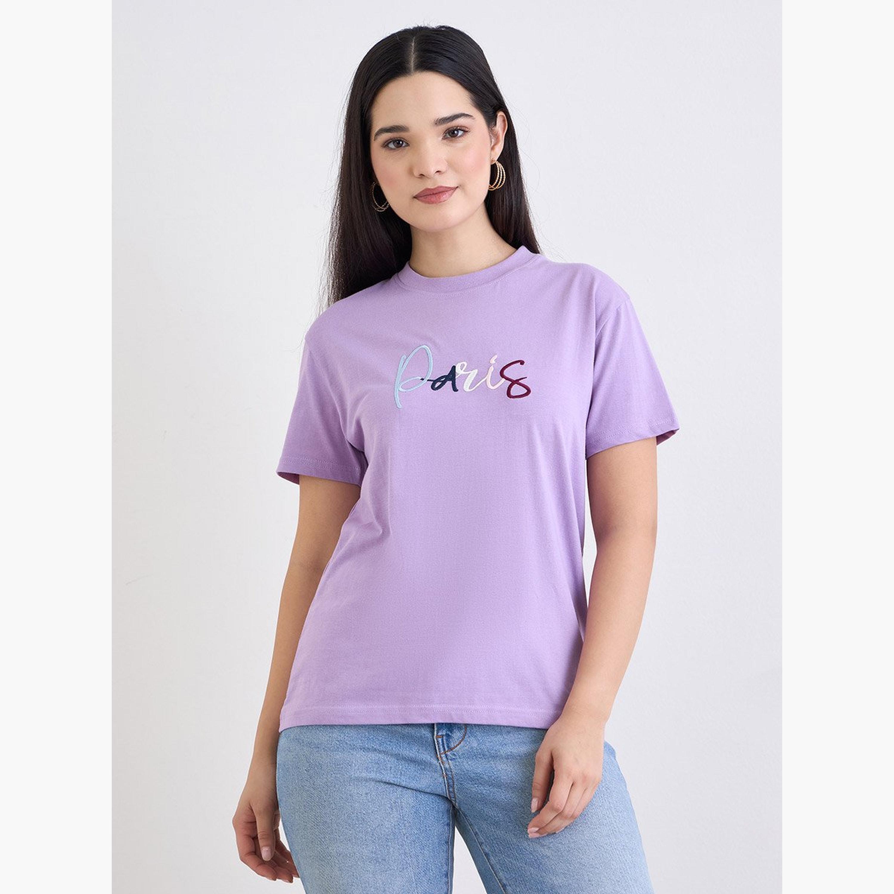 Styli Lilac Paris Embroidered Regular Fit T-Shirt-women-clothing-tshirts-image-1