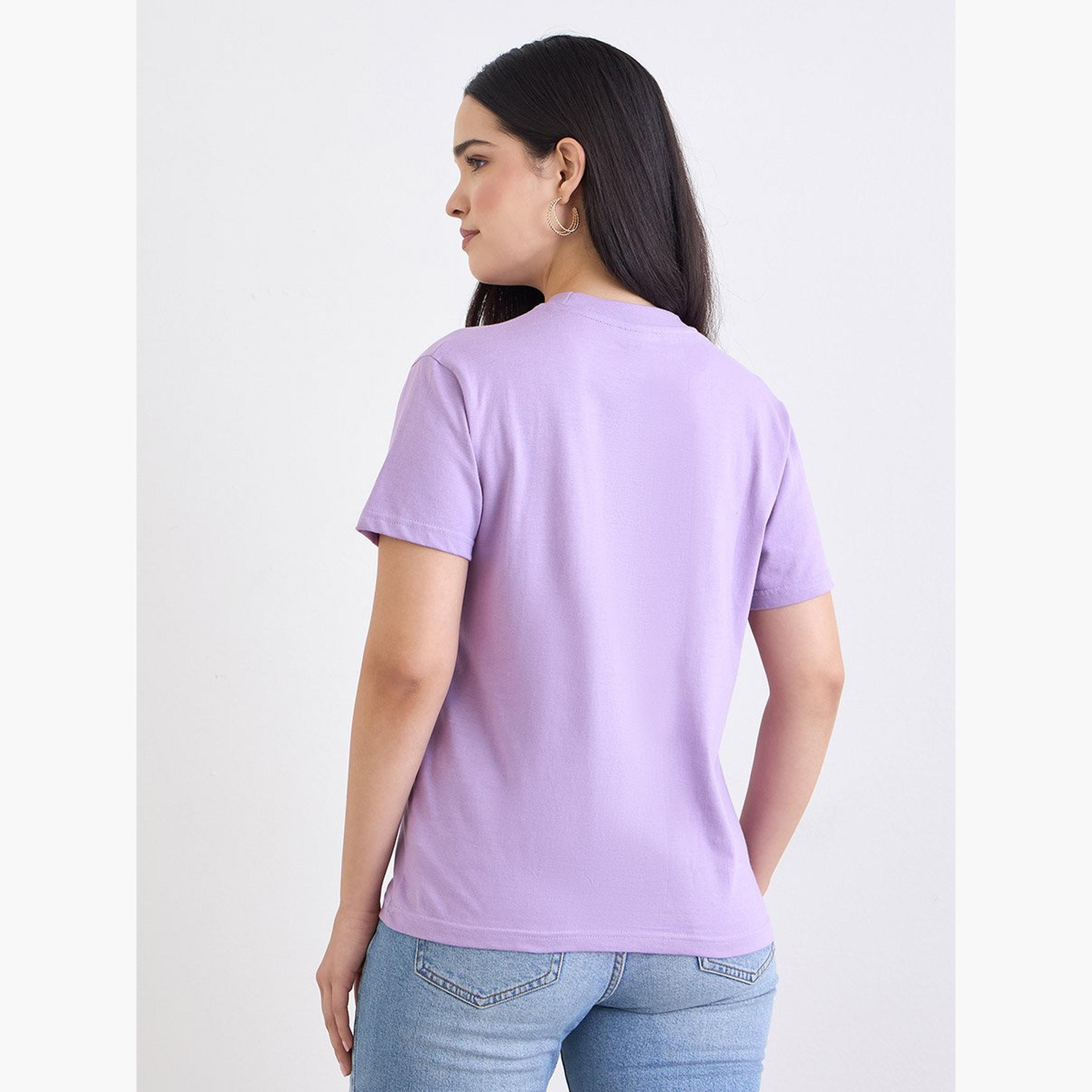 ستايلي - تي شيرت بقصّة عادية مطرز بشعار باريس الليلكي-women-clothing-tshirts-image-4