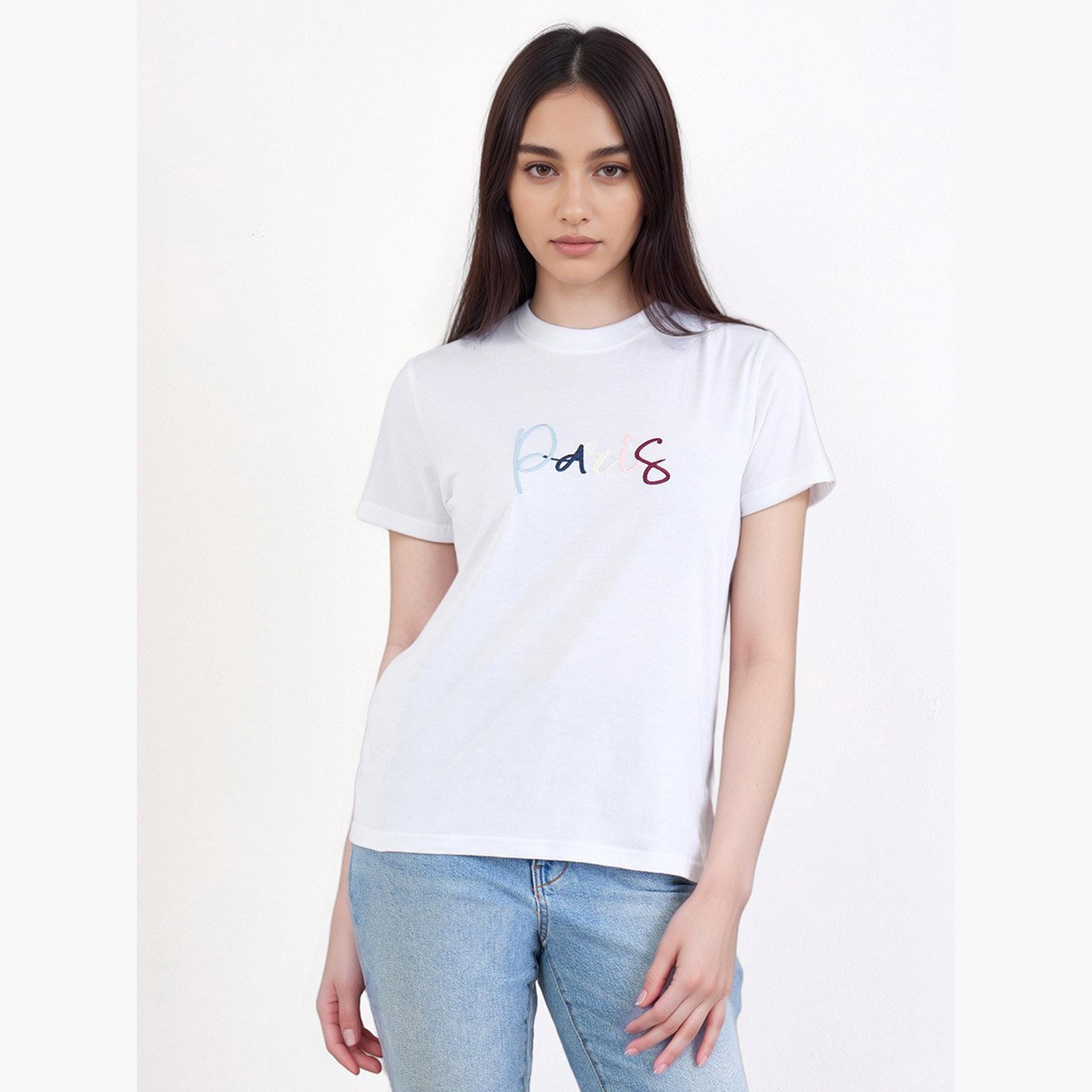 Styli White Paris Embroidered Regular Fit T-Shirt-women-clothing-tshirts-image-1