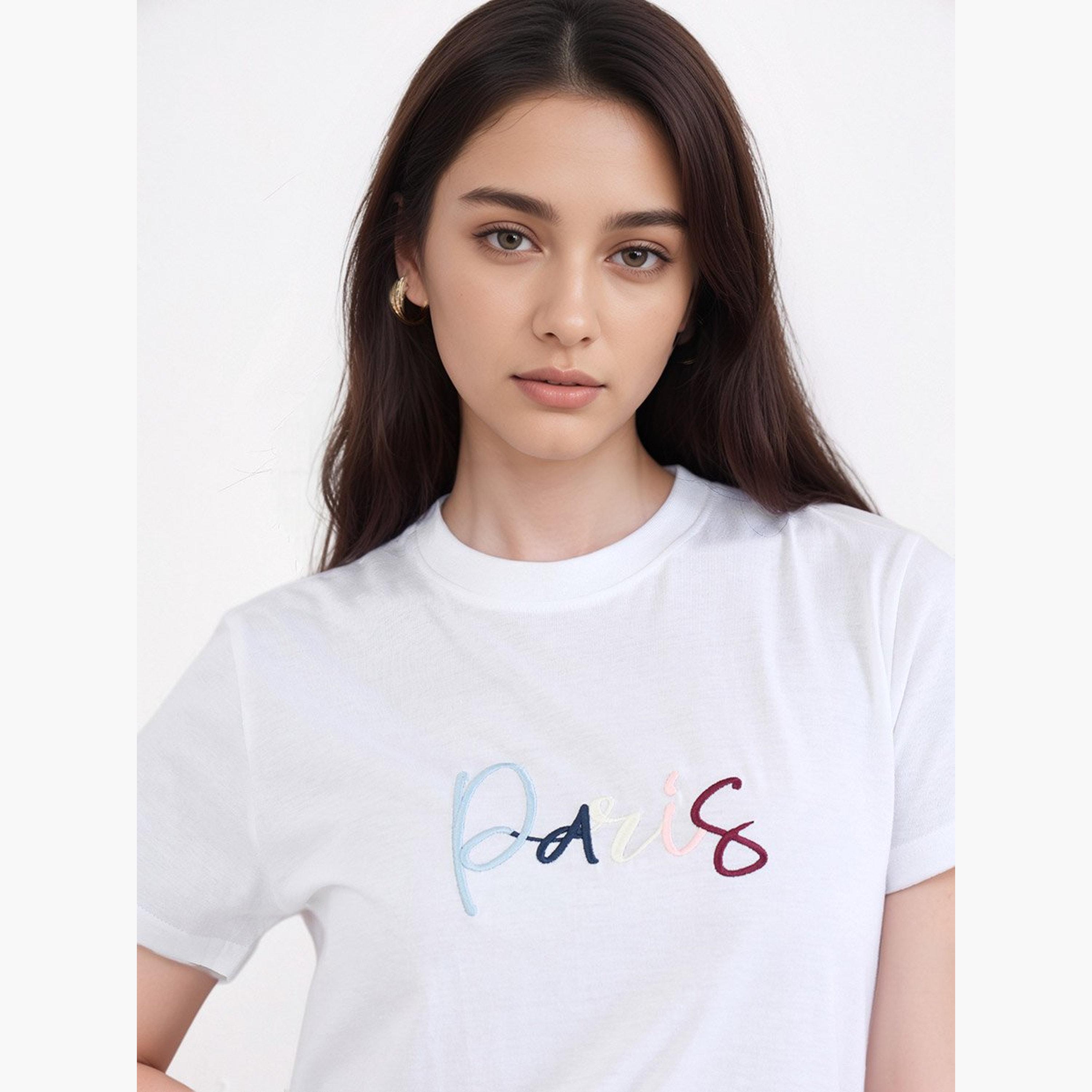 Styli White Paris Embroidered Regular Fit T-Shirt-women-clothing-tshirts-image-3