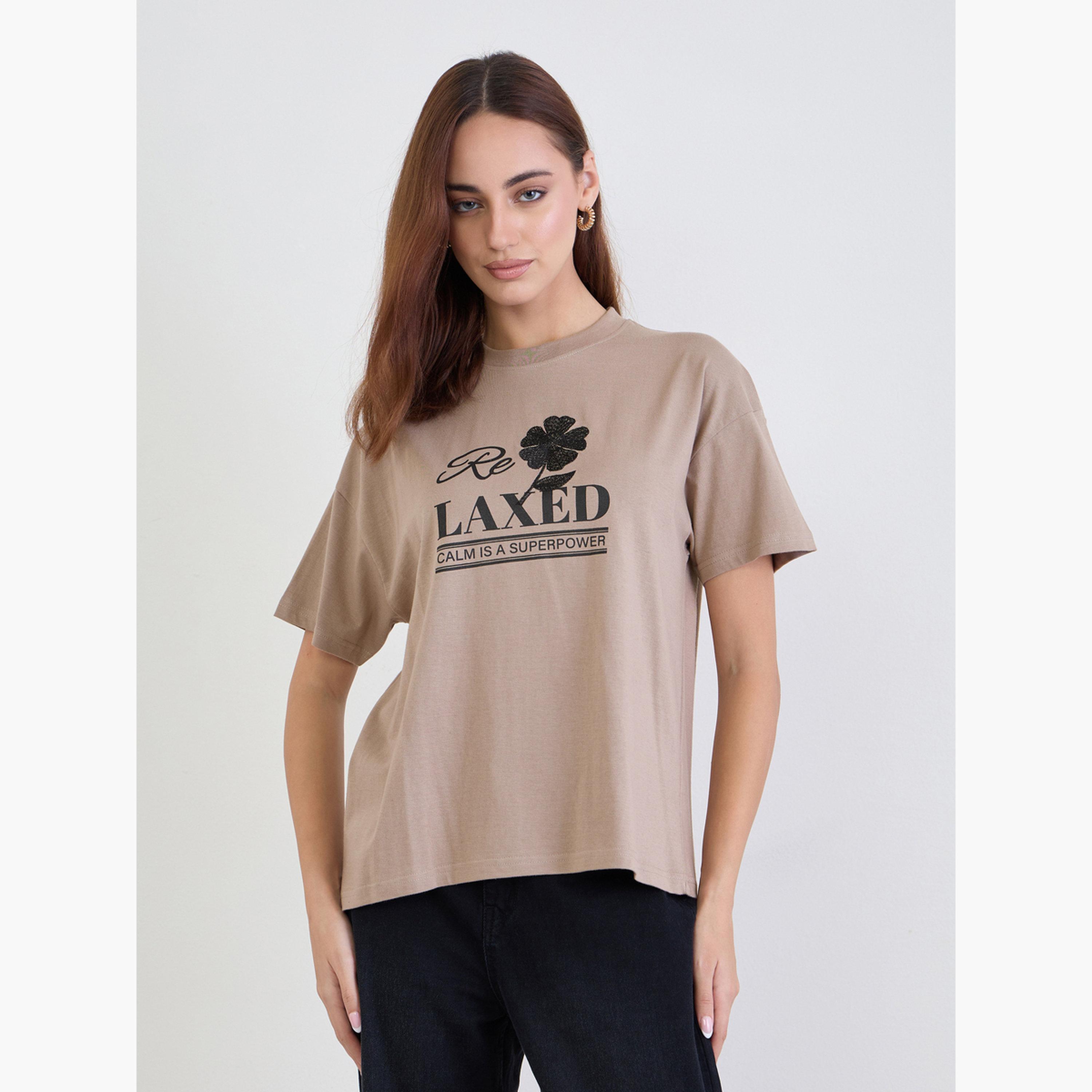 Styli Women Beige Embroidered Slogan Boxy 100% Cotton T-Shirt-women-clothing-tshirts-image-1