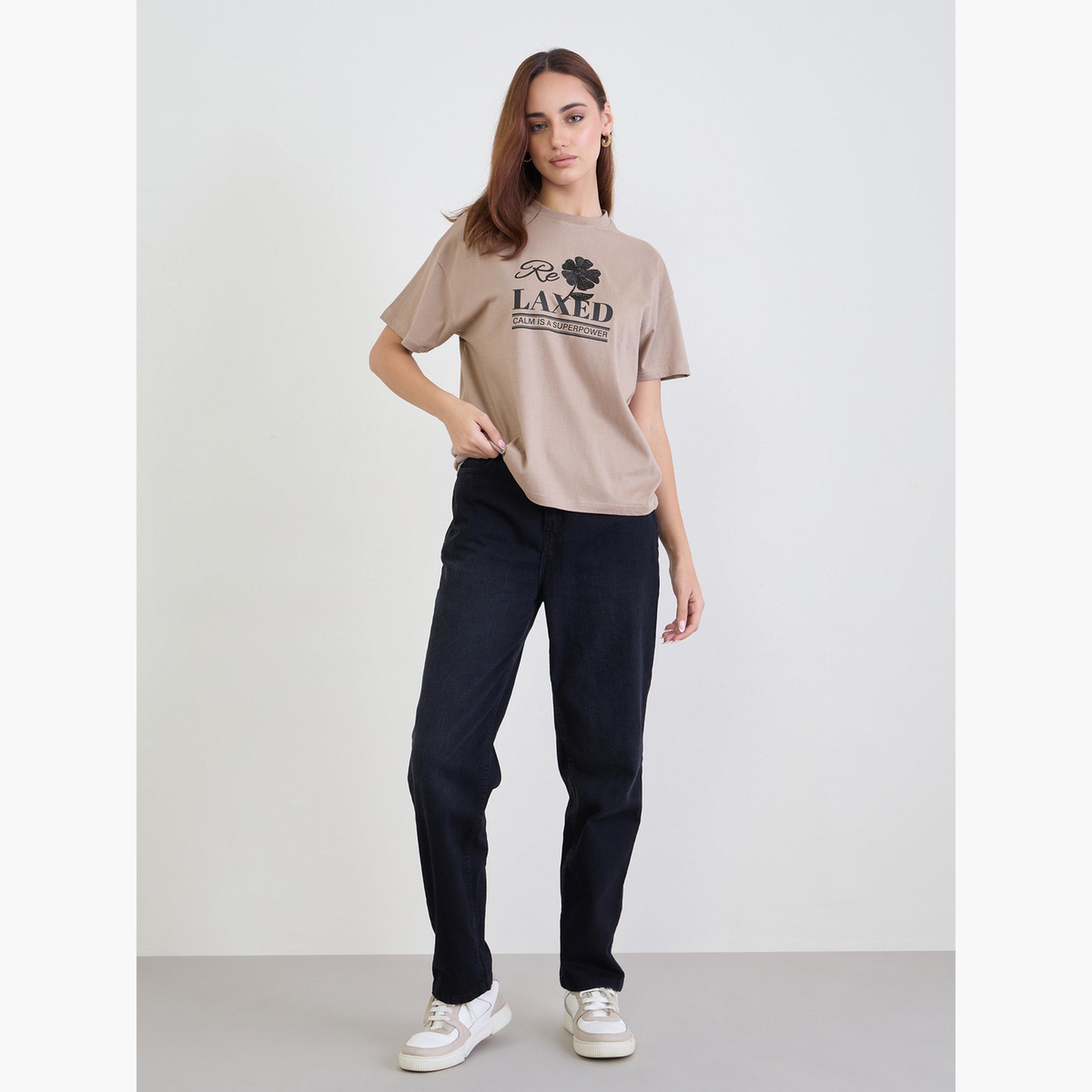 Styli Women Beige Embroidered Slogan Boxy 100% Cotton T-Shirt-women-clothing-tshirts-image-2