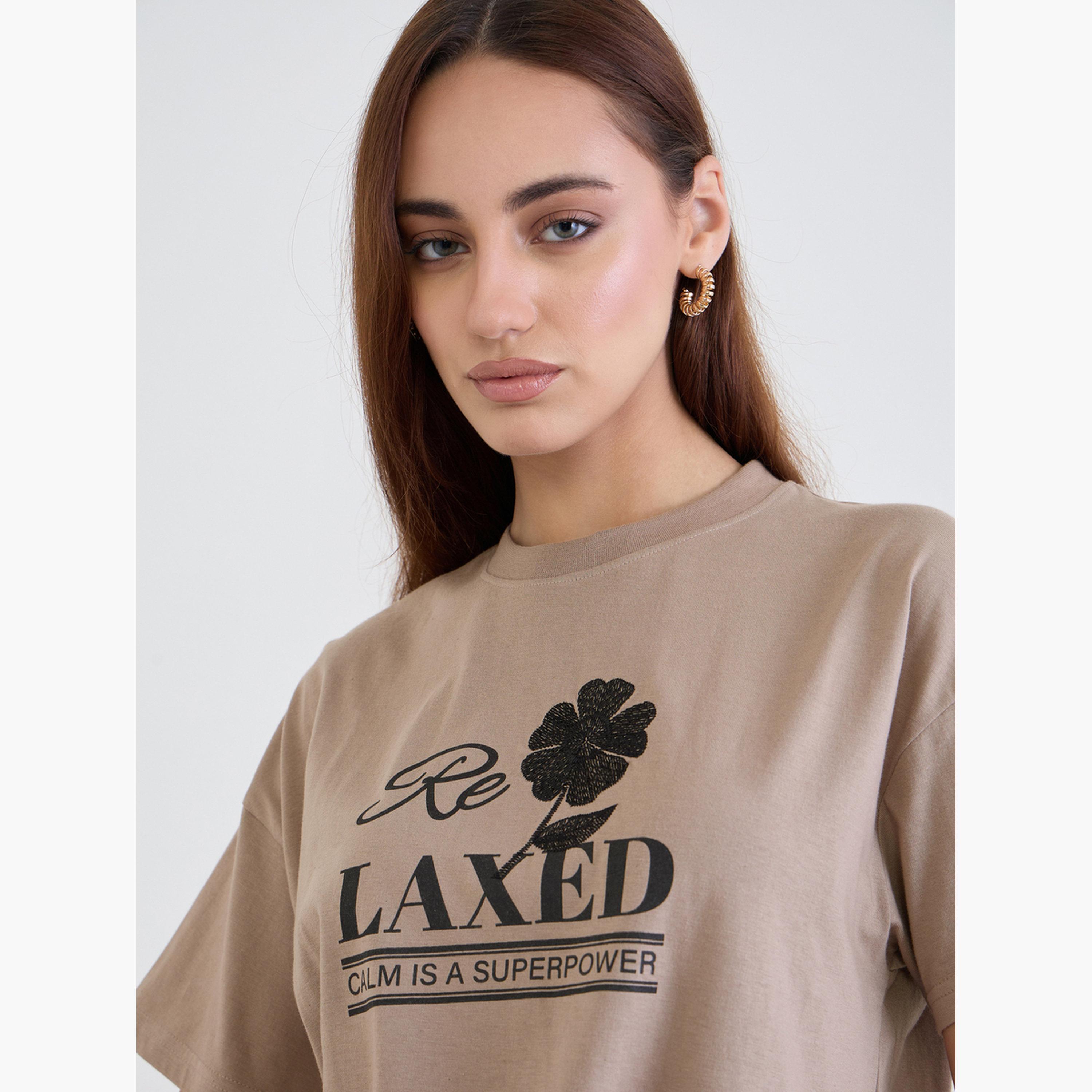 Styli Women Beige Embroidered Slogan Boxy 100% Cotton T-Shirt-women-clothing-tshirts-image-4