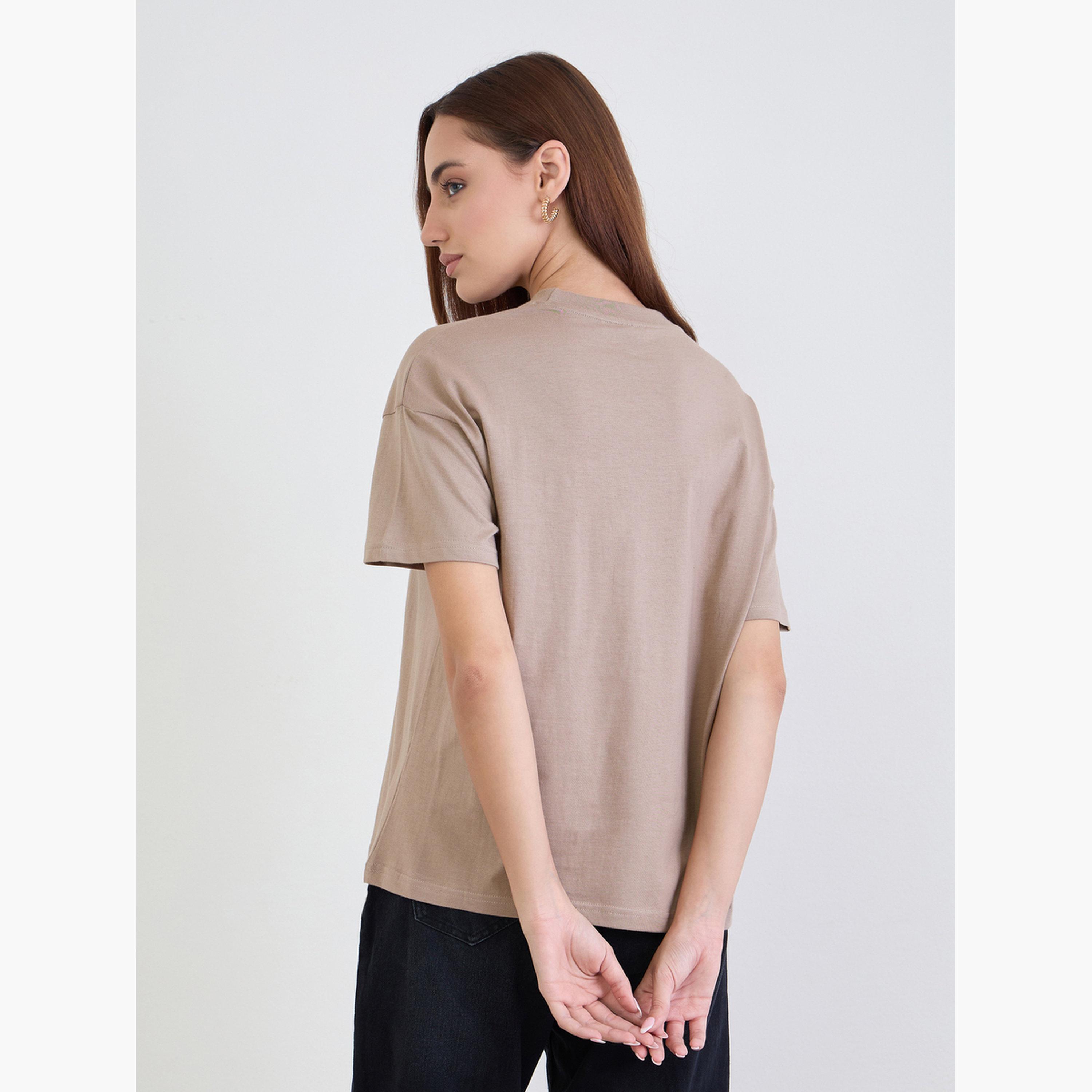 Styli Women Beige Embroidered Slogan Boxy 100% Cotton T-Shirt-women-clothing-tshirts-image-5