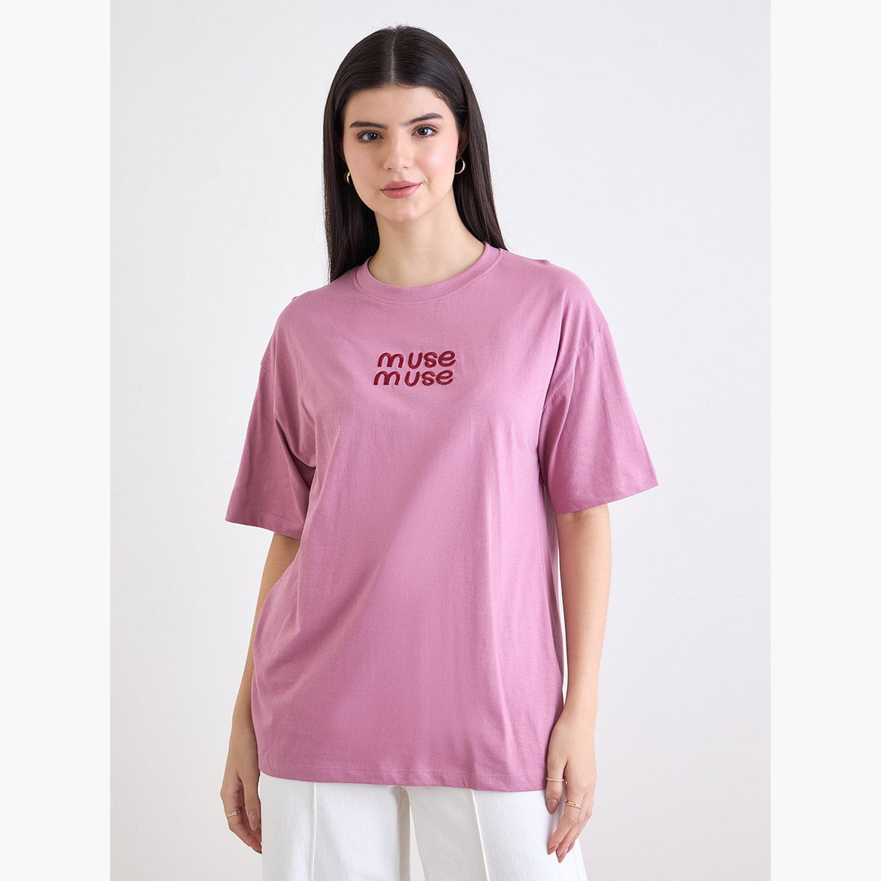 Styli Pink Embroidered Oversized T-Shirt-women-clothing-tshirts-image-1