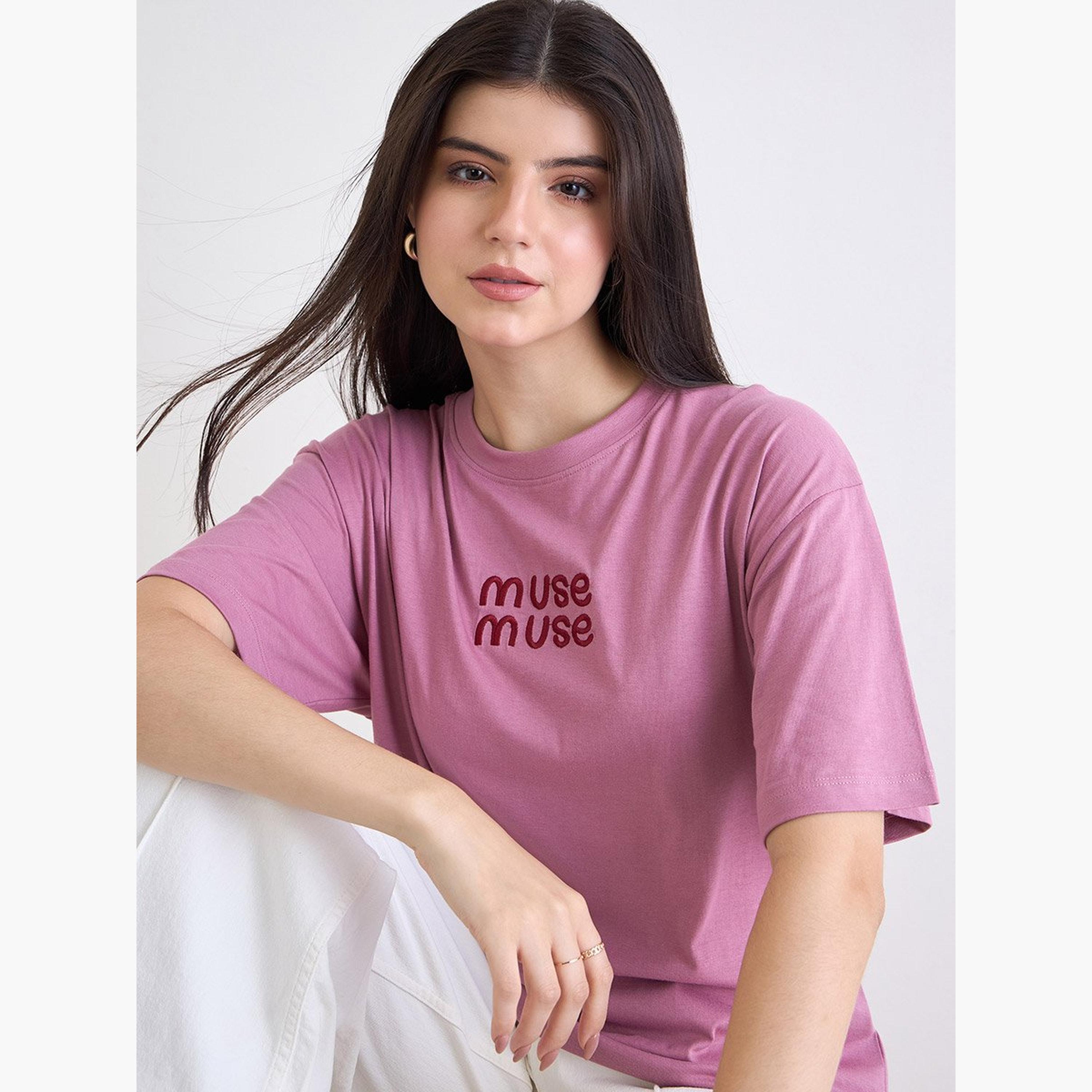 Styli Pink Embroidered Oversized T-Shirt-women-clothing-tshirts-image-3