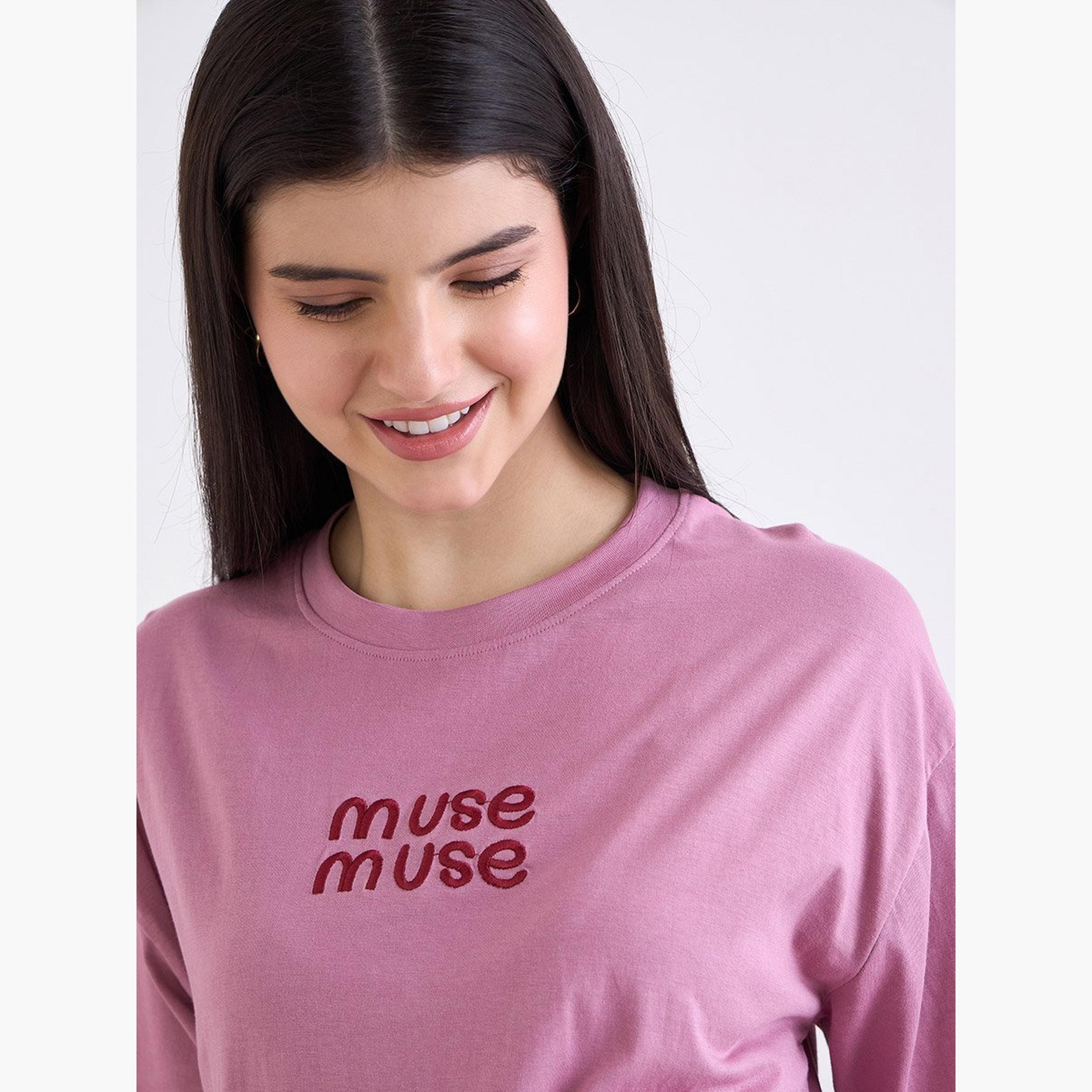 Styli Pink Embroidered Oversized T-Shirt-women-clothing-tshirts-image-4