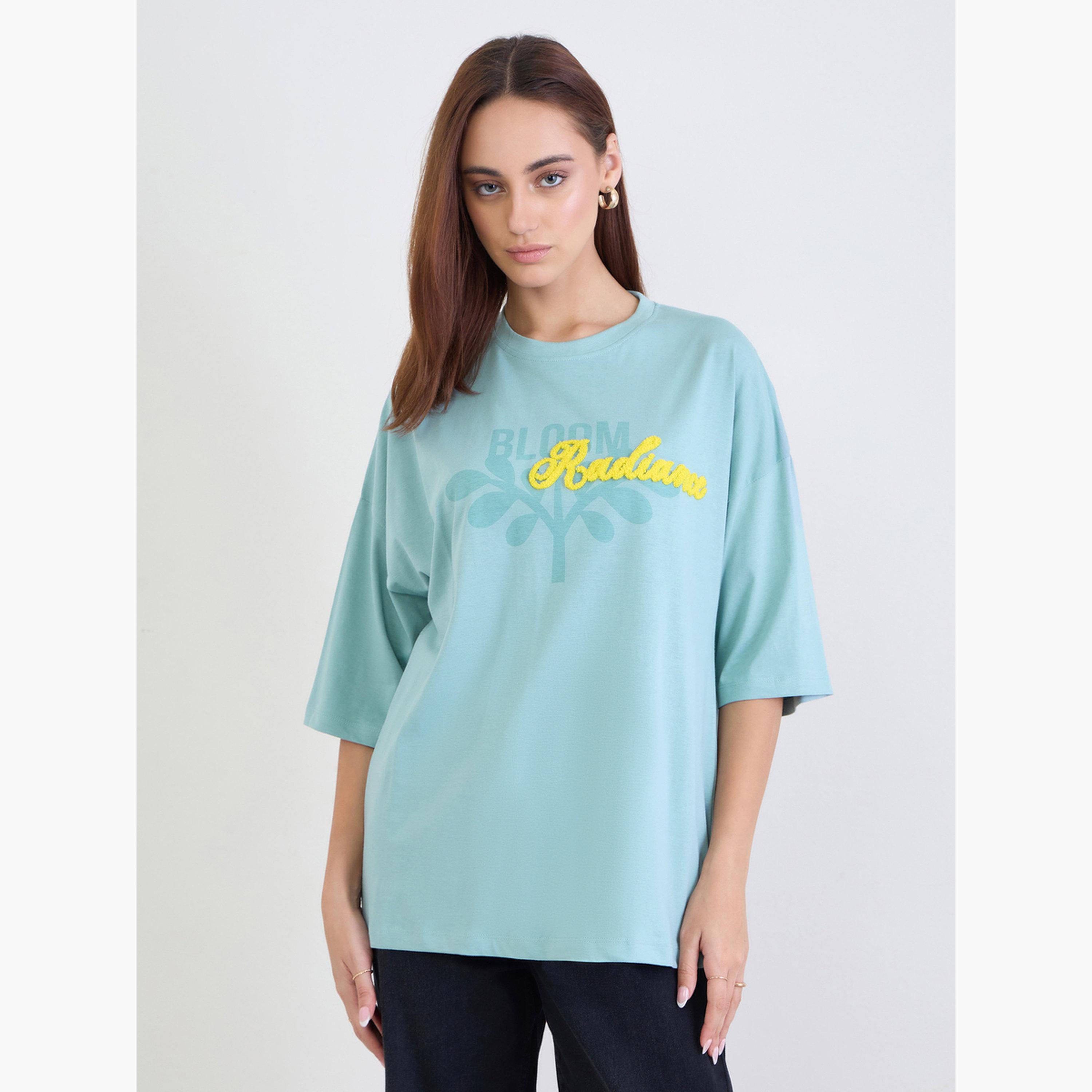 Styli Women Blue Typography Print Oversized T-Shirt with Boucle Embroidery-women-clothing-tshirts-image-1