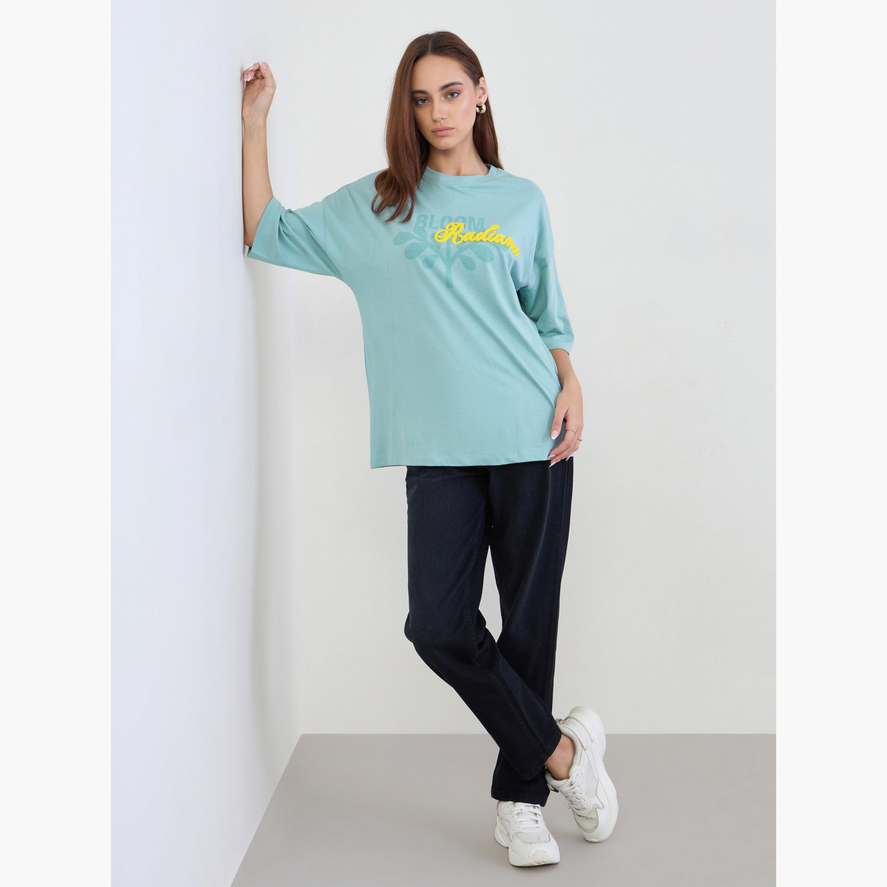 Styli Women Blue Typography Print Oversized T-Shirt with Boucle Embroidery-women-clothing-tshirts-image-2