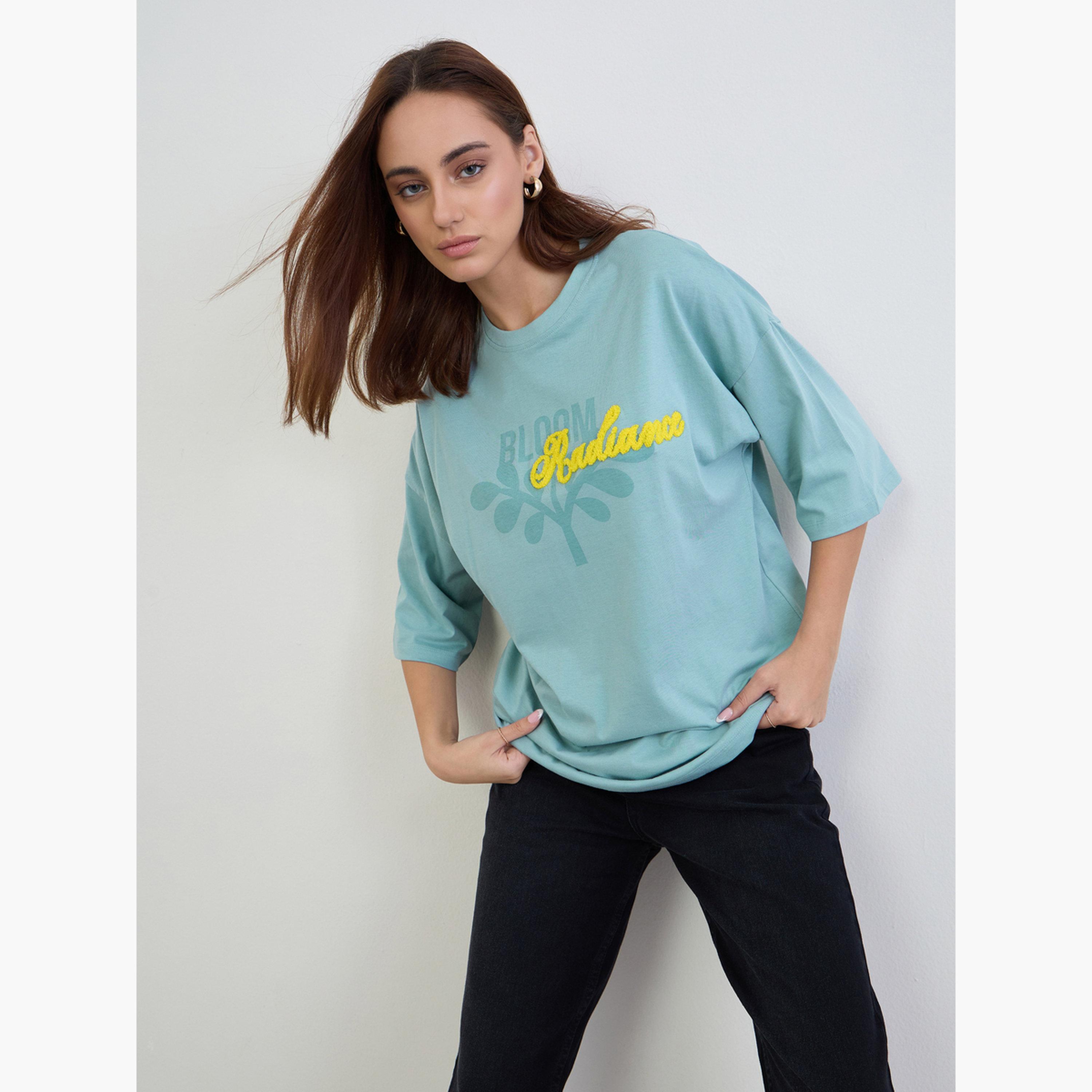 Styli Women Blue Typography Print Oversized T-Shirt with Boucle Embroidery-women-clothing-tshirts-image-3