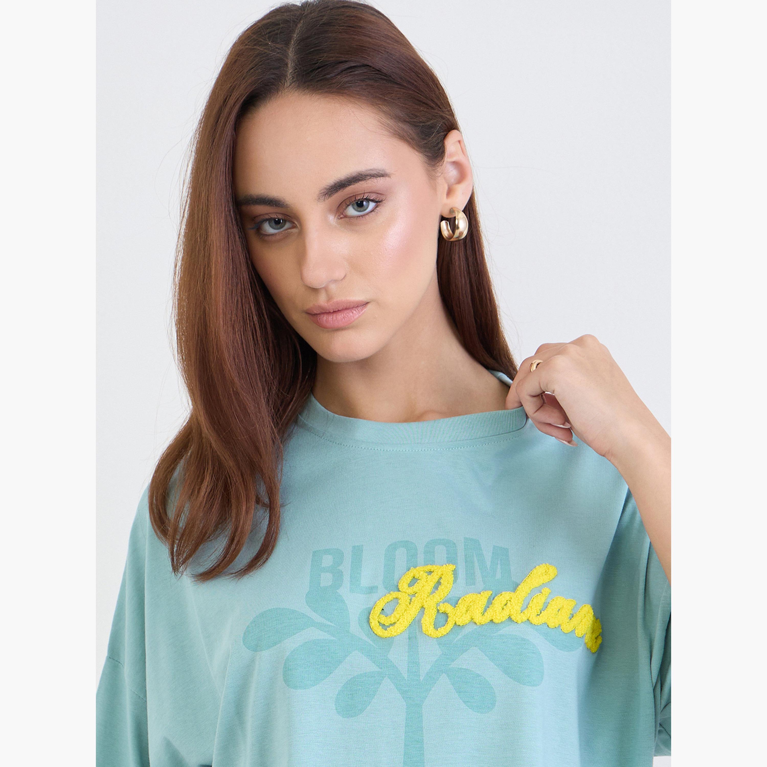Styli Women Blue Typography Print Oversized T-Shirt with Boucle Embroidery-women-clothing-tshirts-image-4