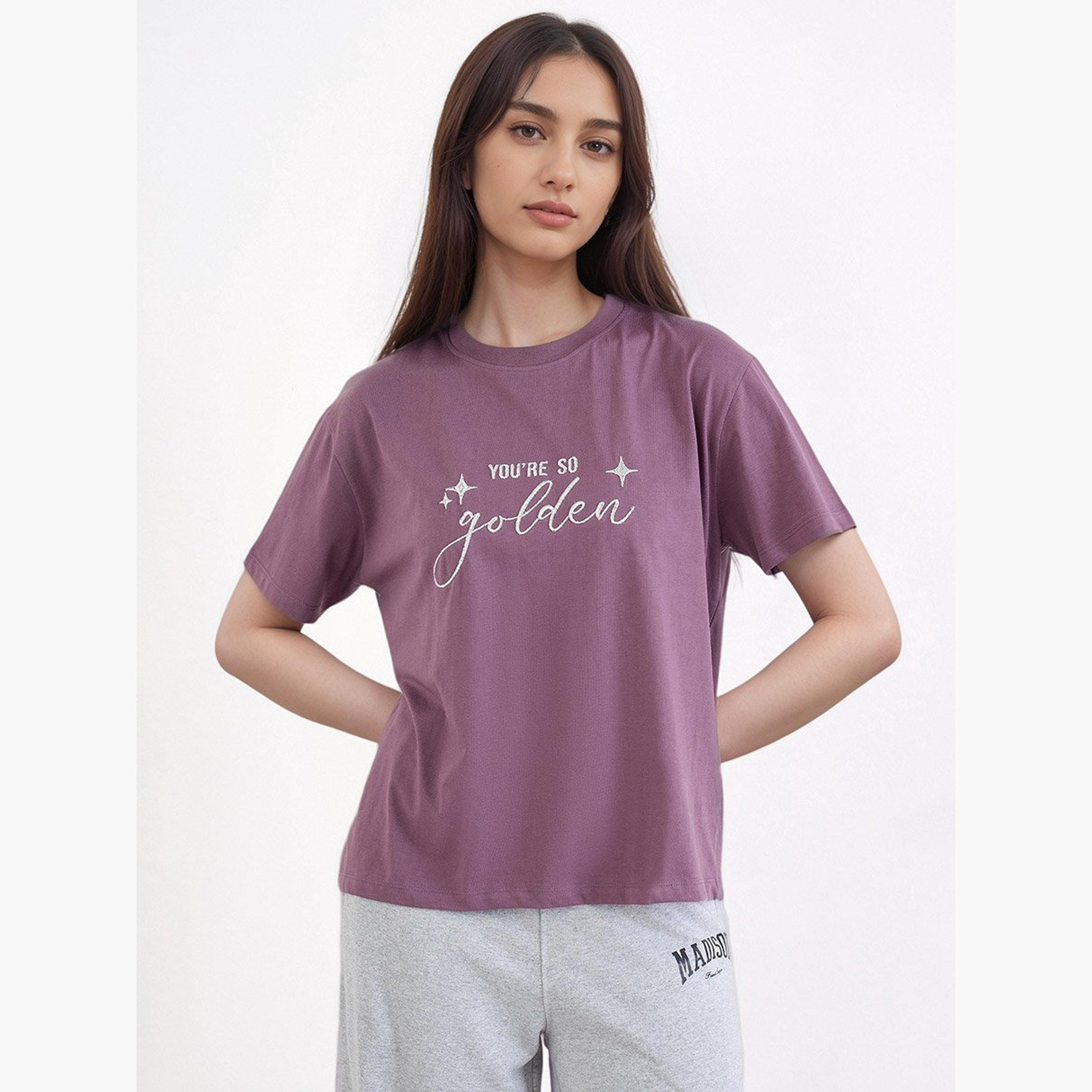 Styli Purple Lurex Embroidered Boxy T-Shirt-women-clothing-tshirts-image-1