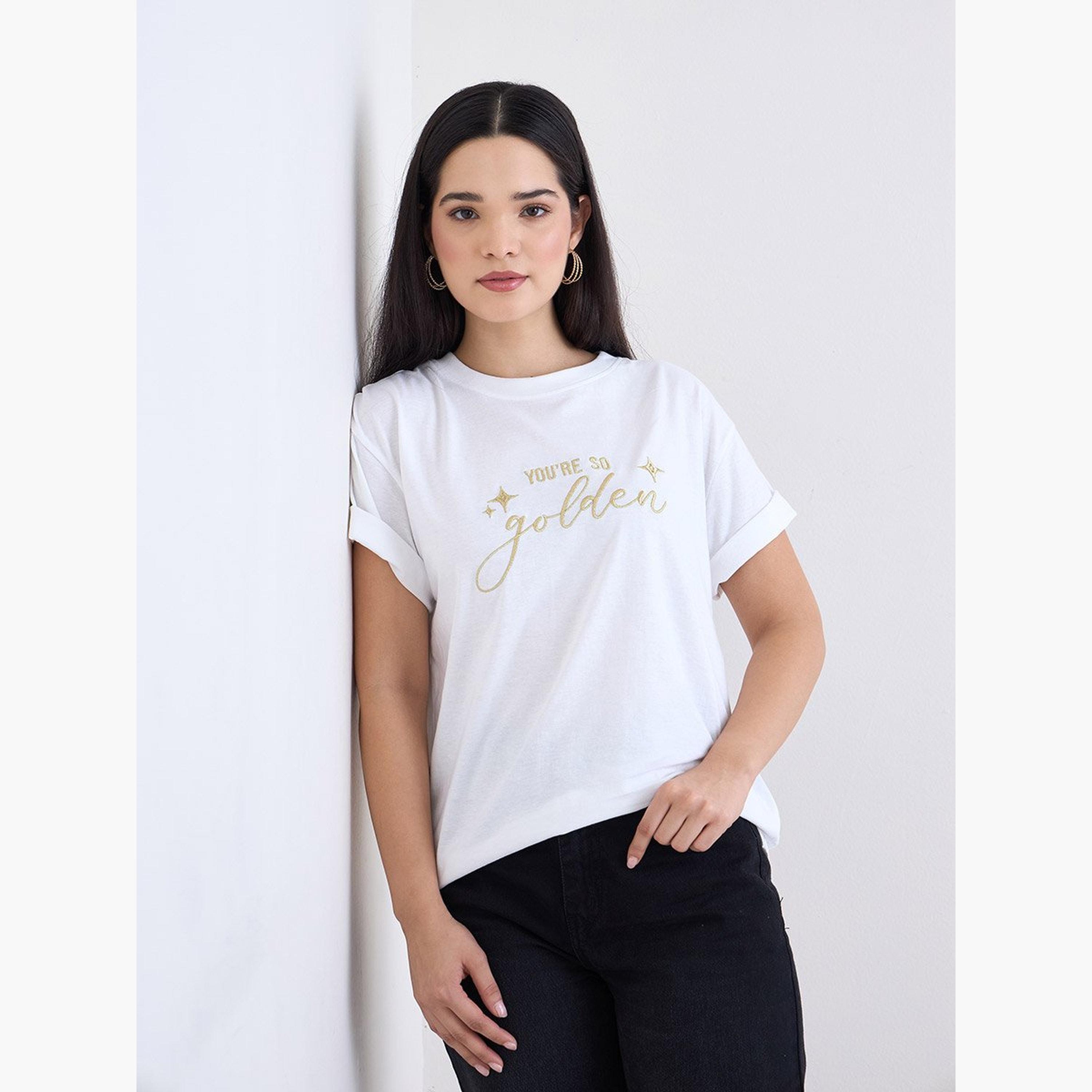Styli White Lurex Embroidered Boxy T-Shirt-women-clothing-tshirts-image-1