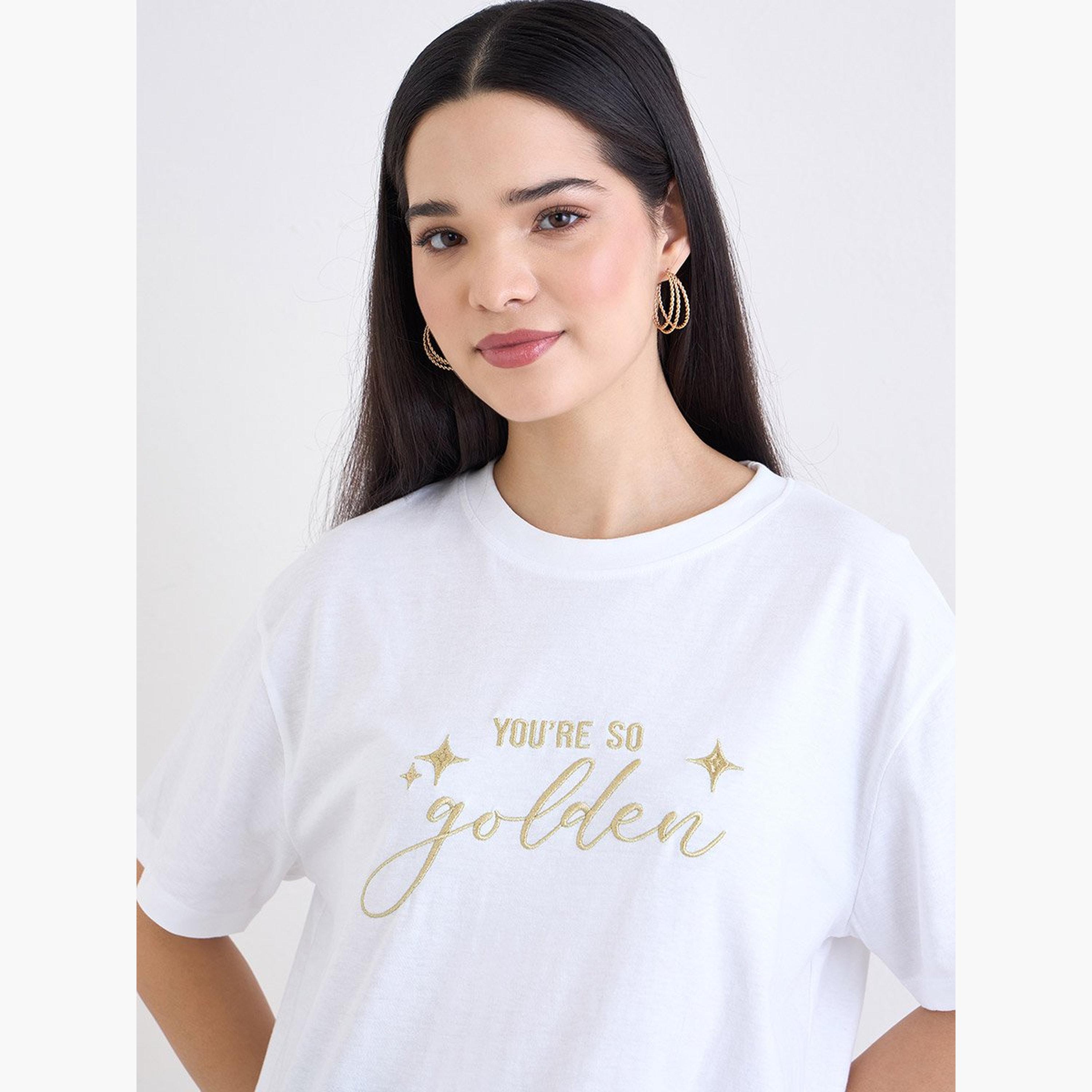 Styli White Lurex Embroidered Boxy T-Shirt-women-clothing-tshirts-image-3