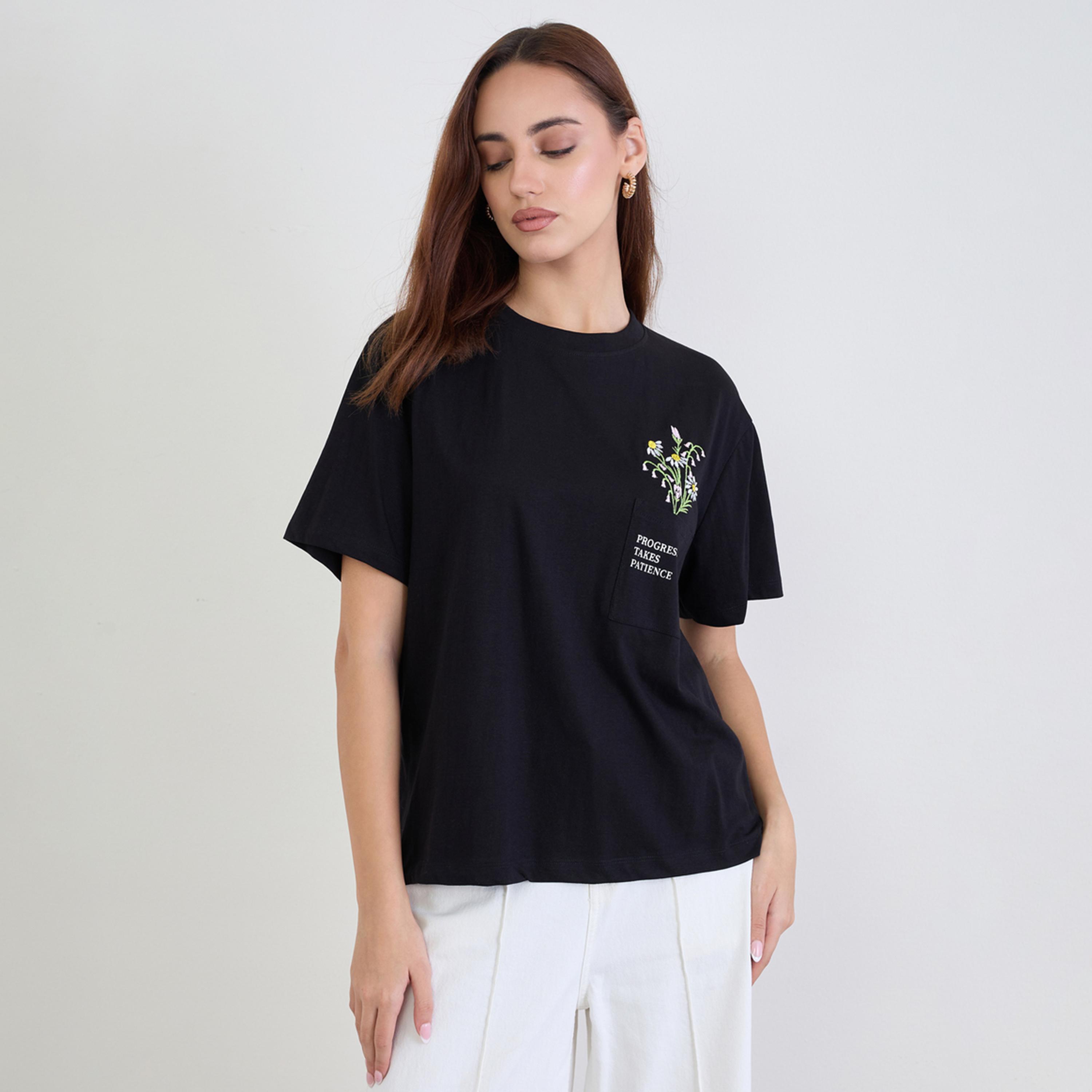 Styli Black Embroidered Floral Pocket T-Shirt-women-clothing-tshirts-image-1