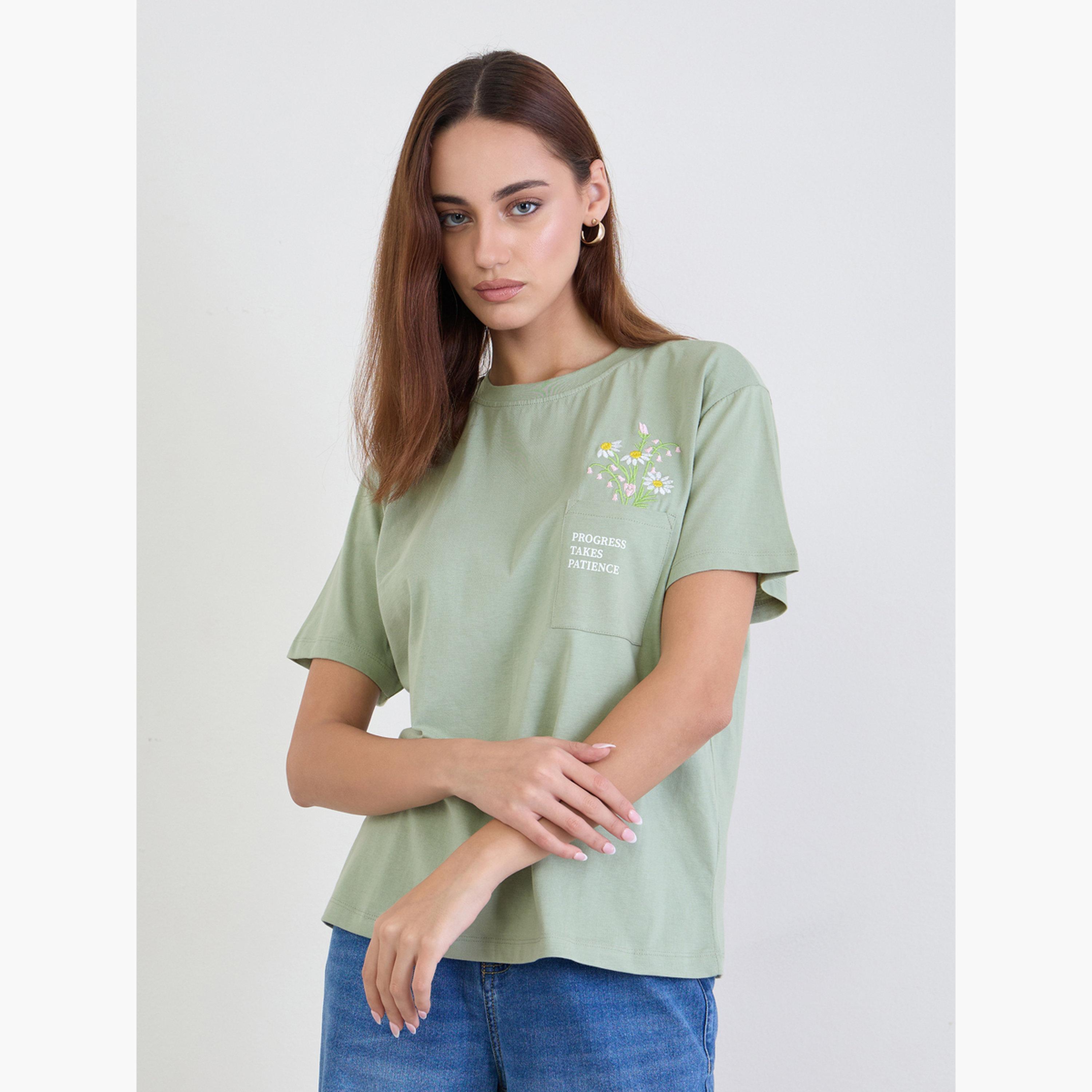 Styli Green Embroidered Floral Pocket T-Shirt-women-clothing-tshirts-image-3