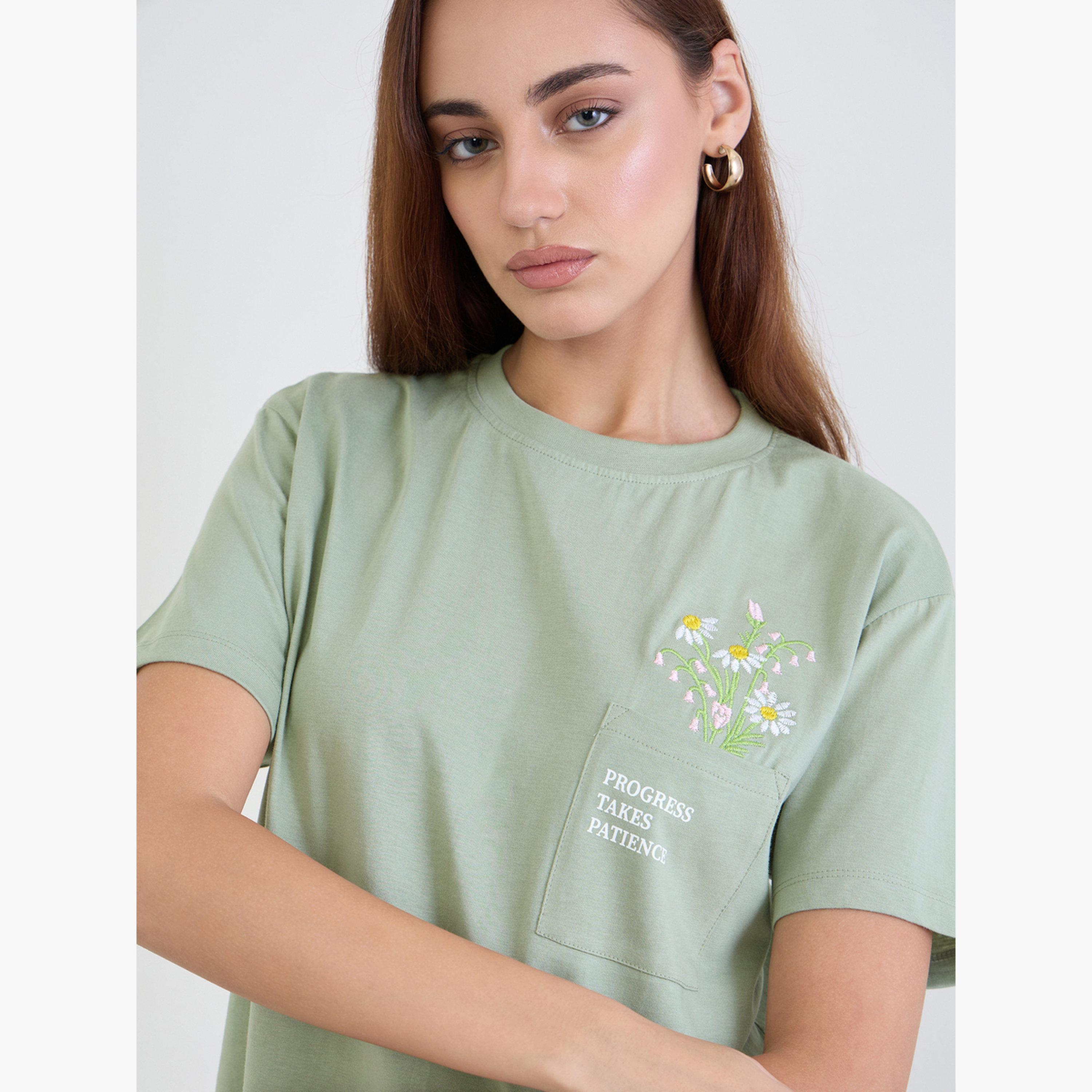 Styli Green Embroidered Floral Pocket T-Shirt-women-clothing-tshirts-image-4