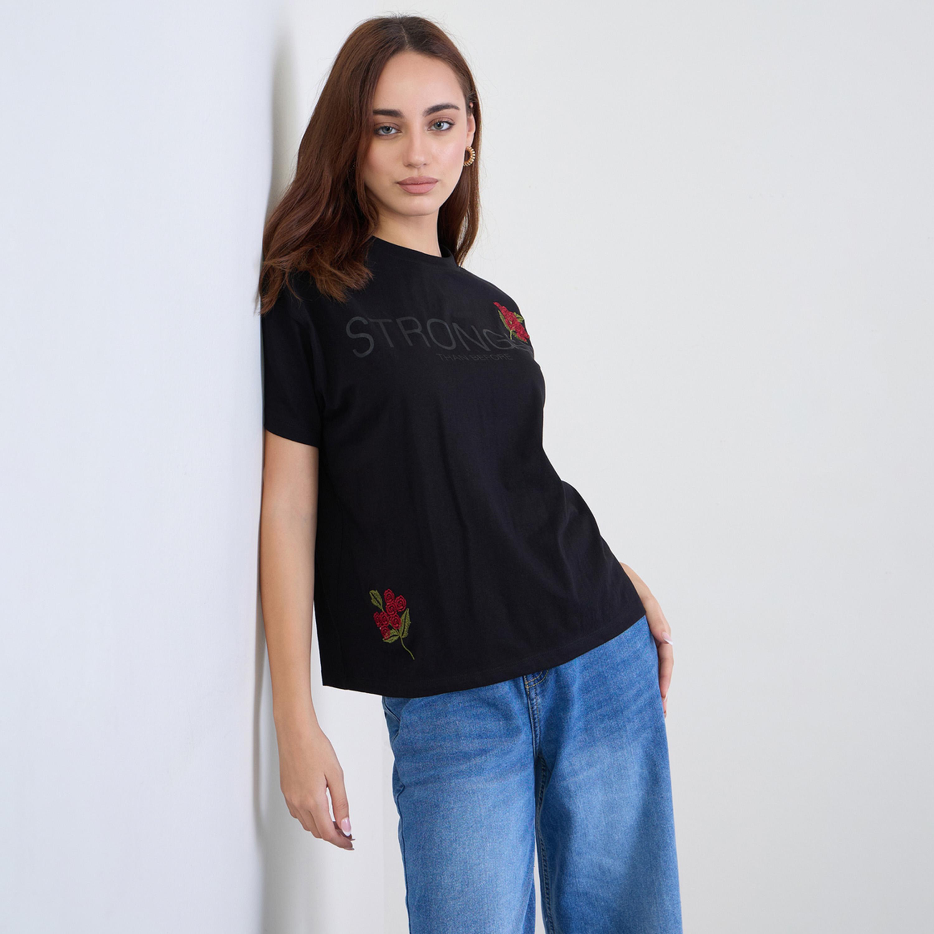 Styli Black Embroidered Slogan Print Boxy T-Shirt-women-clothing-tshirts-image-1