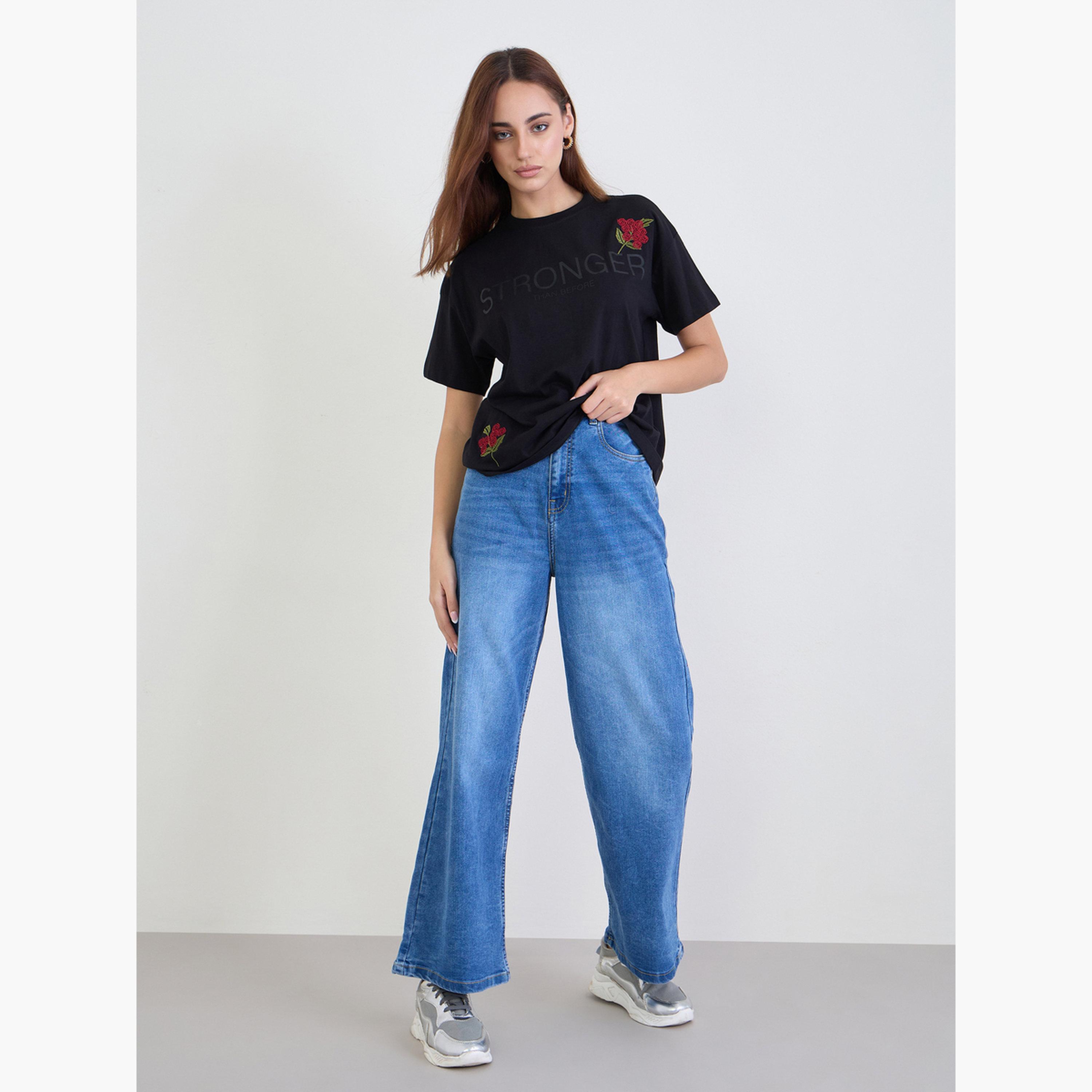 Styli Black Embroidered Slogan Print Boxy T-Shirt-women-clothing-tshirts-image-2