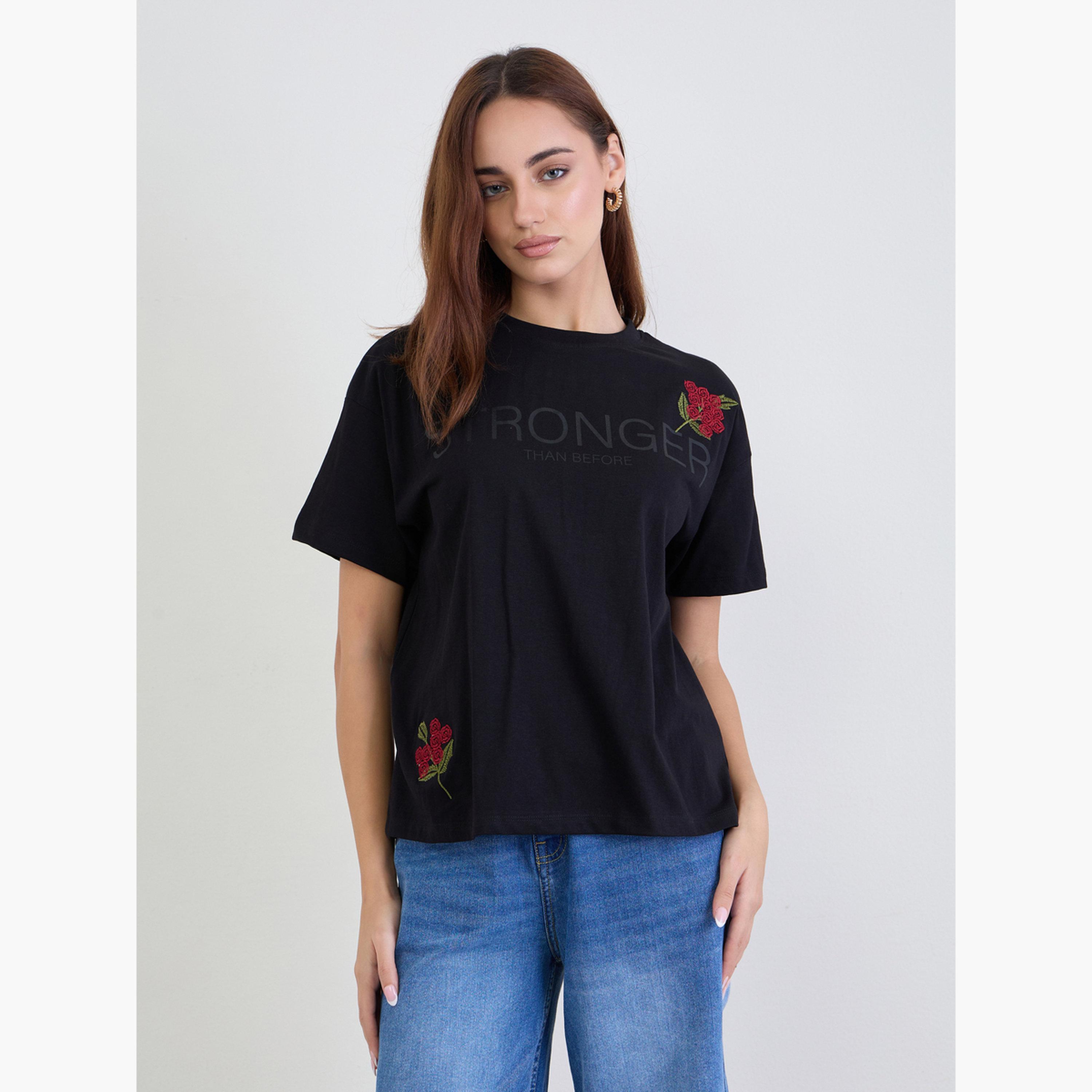 Styli Black Embroidered Slogan Print Boxy T-Shirt-women-clothing-tshirts-image-3