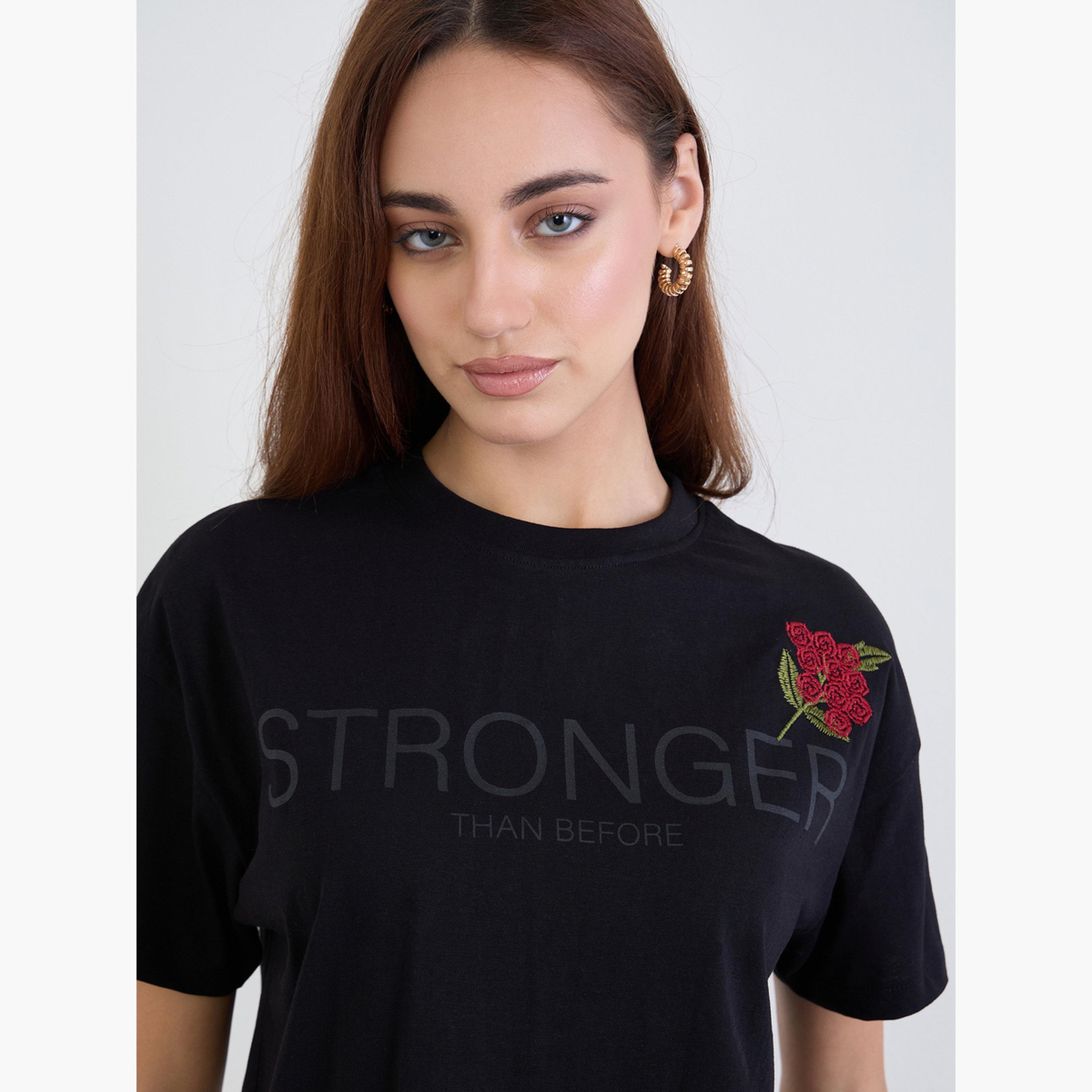 Styli Black Embroidered Slogan Print Boxy T-Shirt-women-clothing-tshirts-image-4