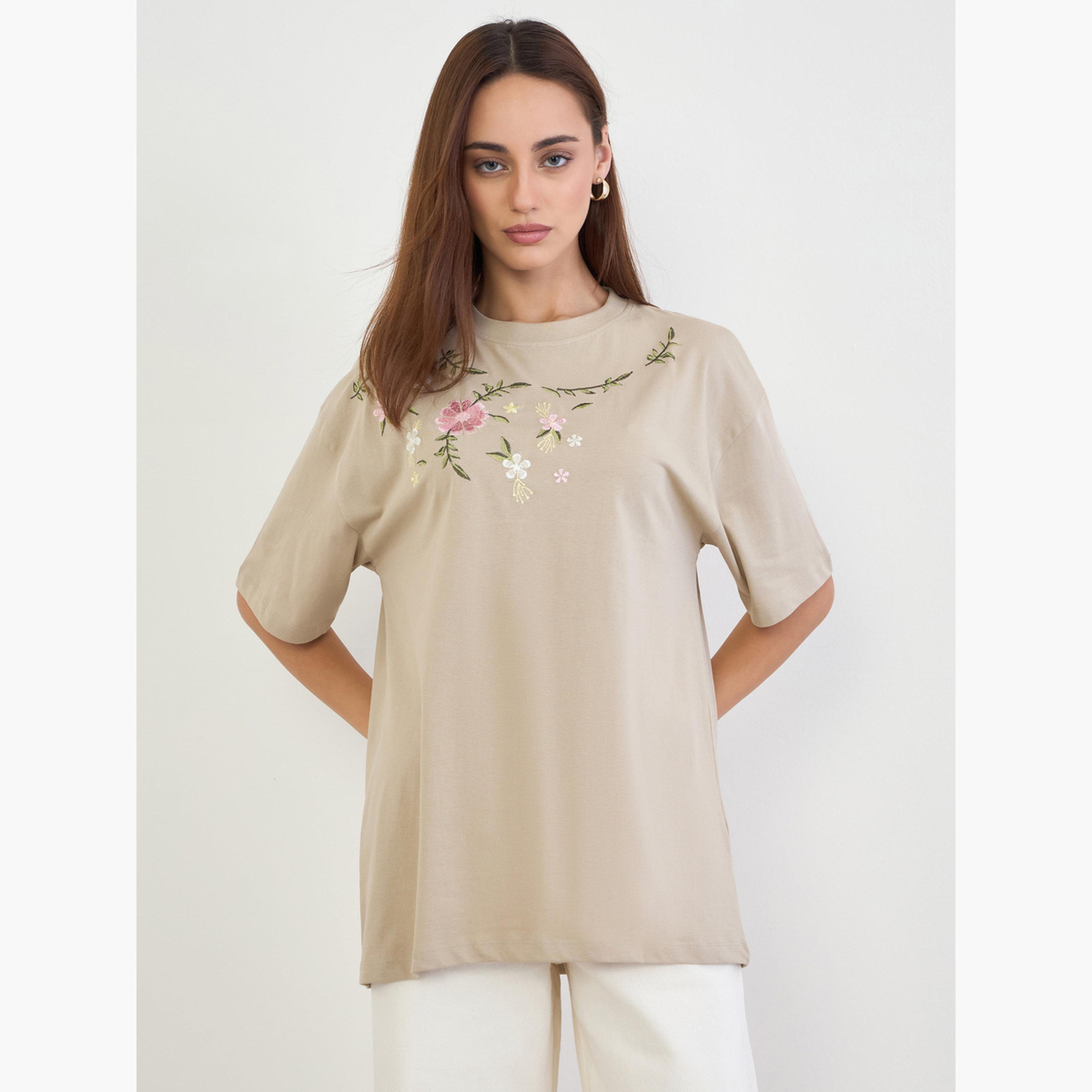 Styli Women Beige Embroidered Floral Oversized T-Shirt-women-clothing-tshirts-image-1