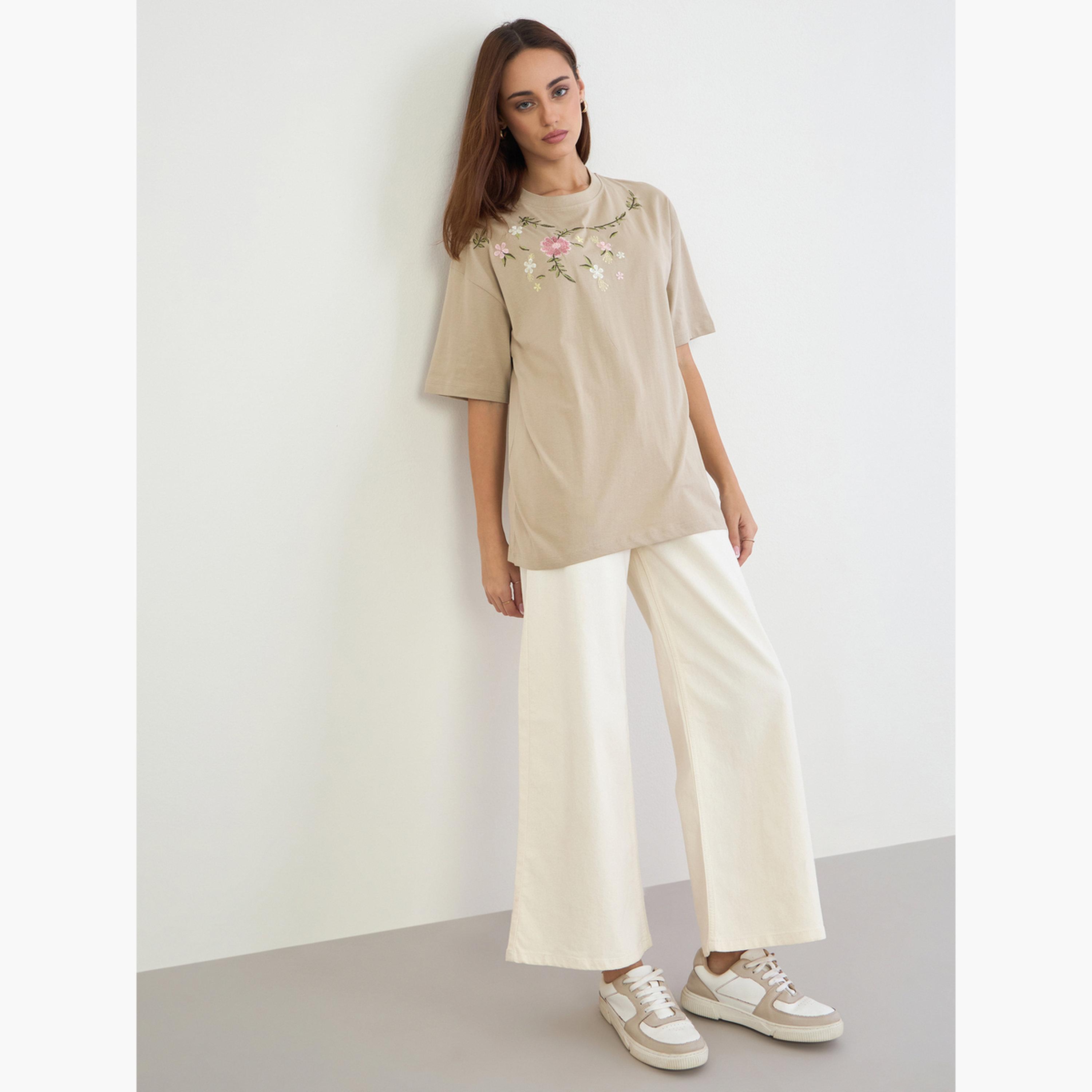 Styli Women Beige Embroidered Floral Oversized T-Shirt-women-clothing-tshirts-image-2